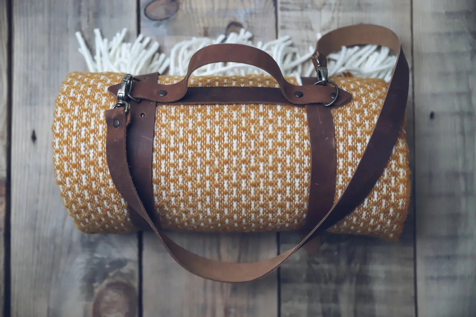 Leather Handle Strapped Mustard Pattern Wool Throw Blanket Epic Linen