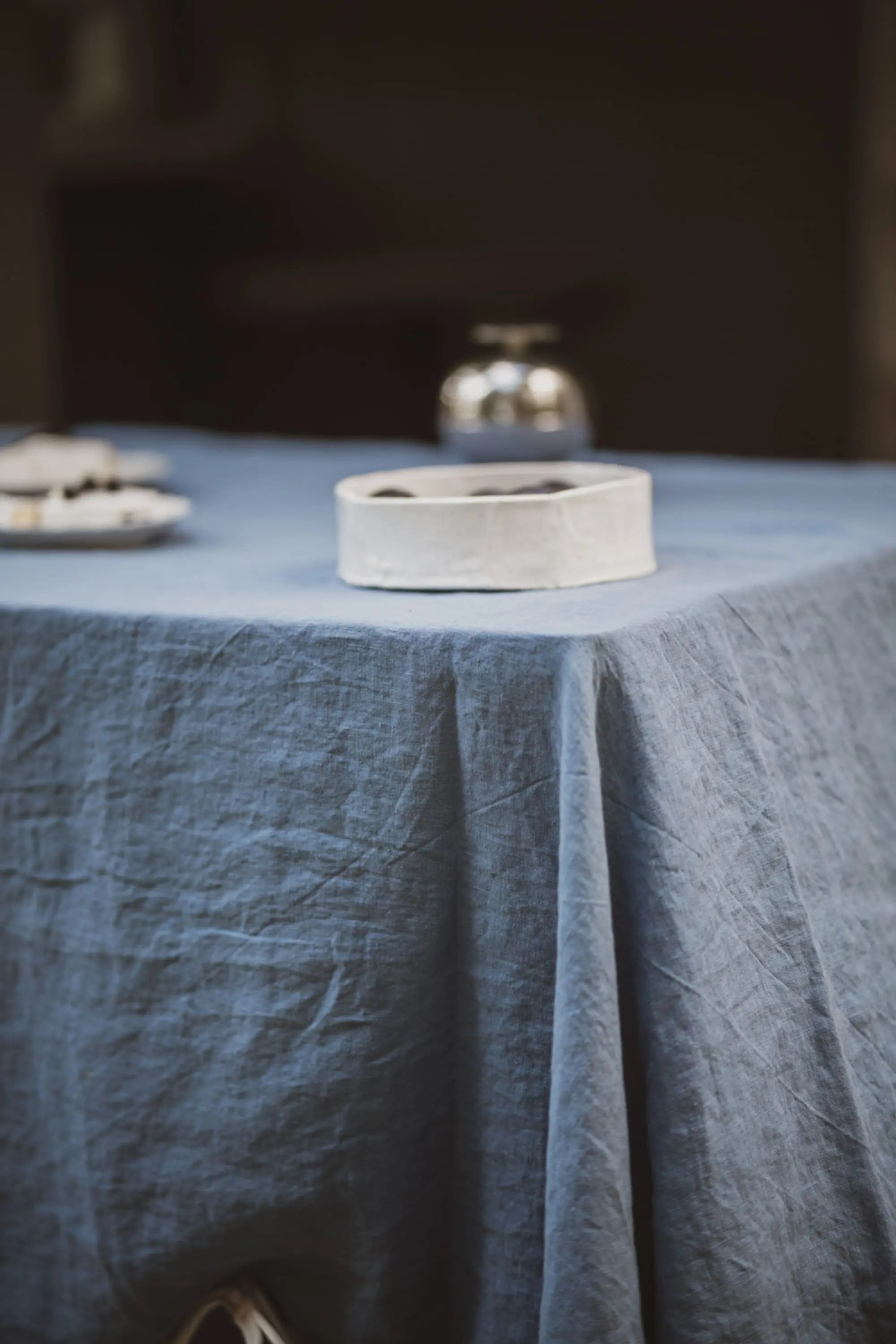 Dusk Blue Stonewashed Linen Tablecloth for Dining Table