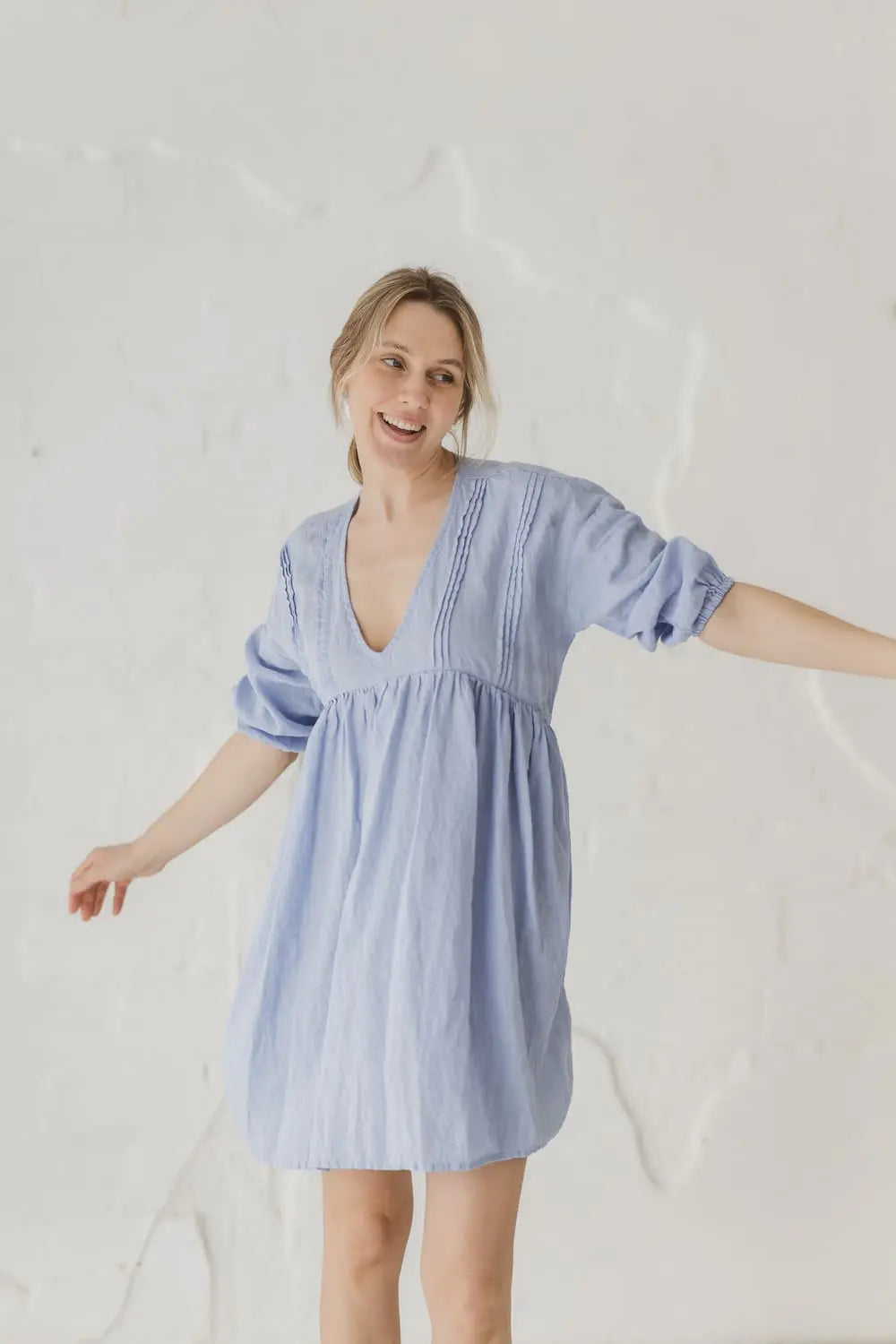 Linen Gathered Waist Mini Dress — front view, puff sleeves