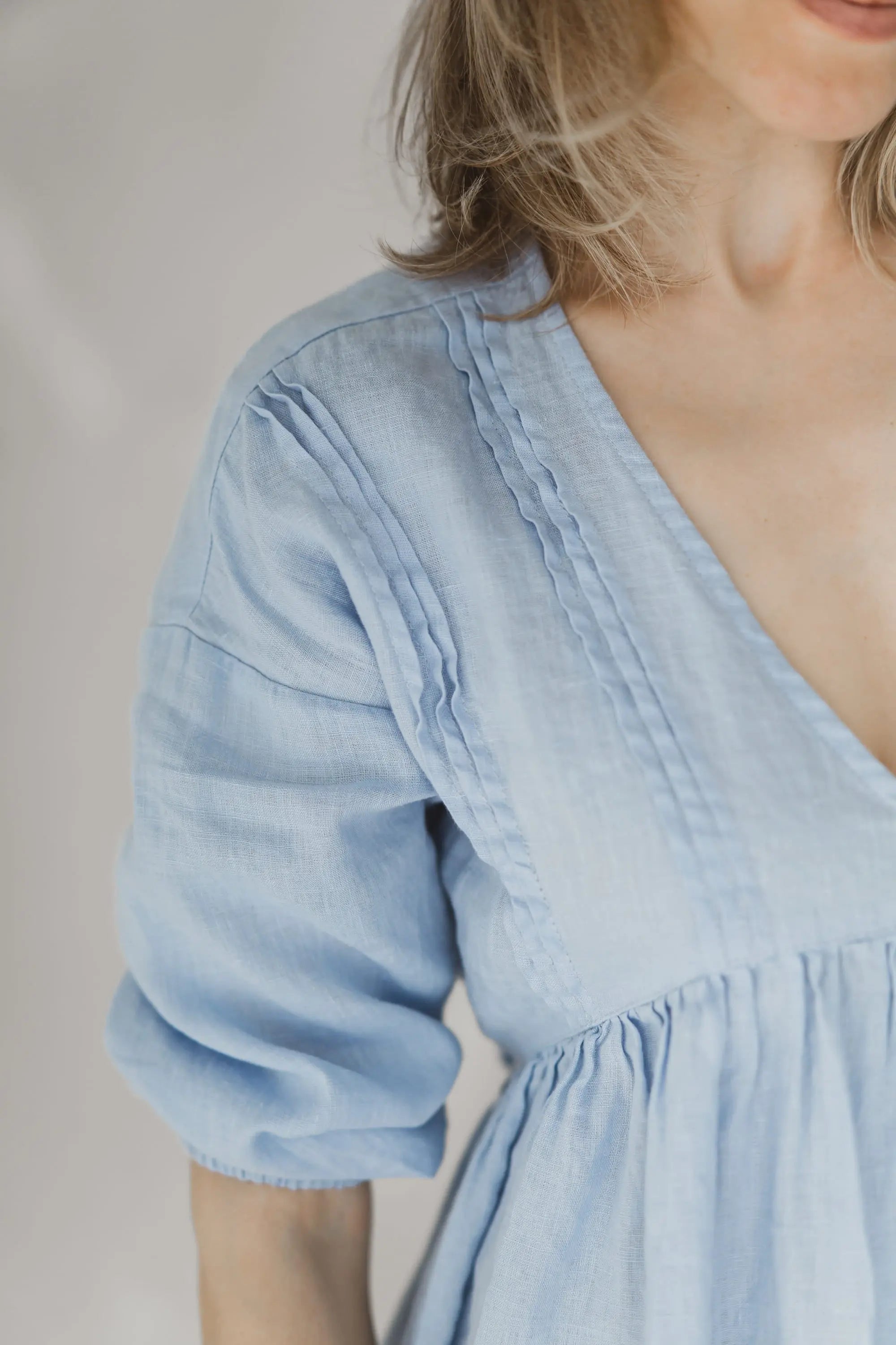 Linen Gathered Waist Mini Dress pintuck and puff sleeve detail