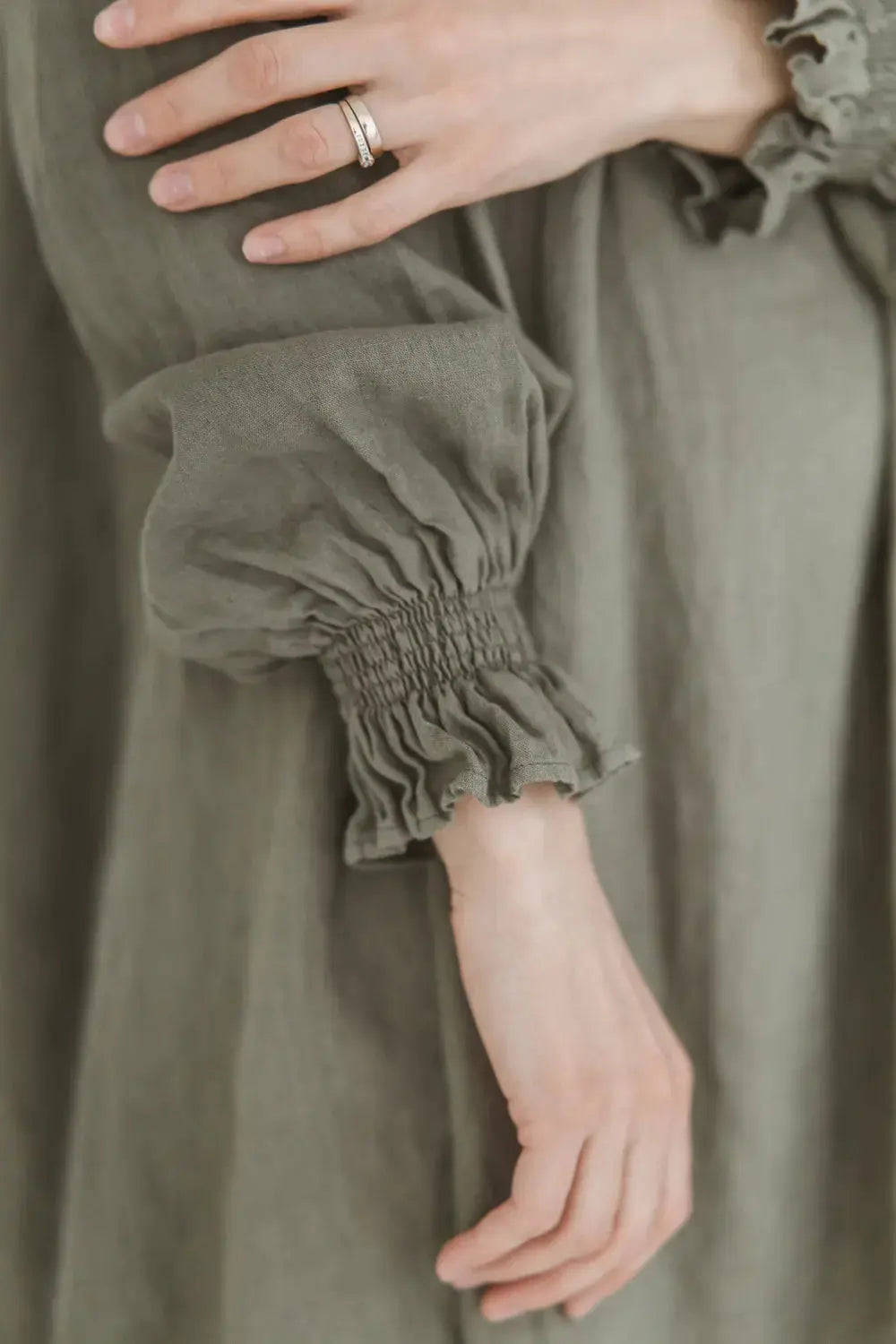 Linen Mini Dress Marea smocked cuff close-up detail