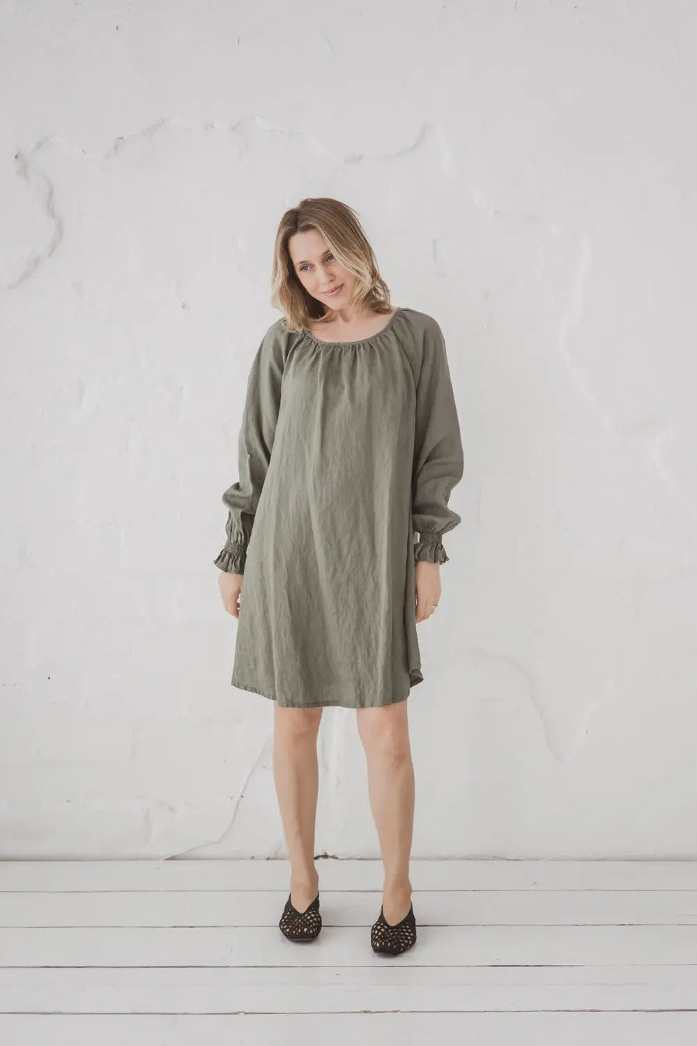 Linen Mini Dress Marea — full length front view with bishop sleeves