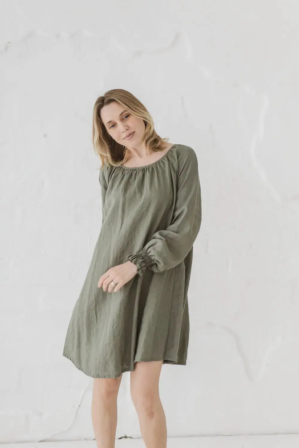 Linen Mini Dress Marea with smocked cuffs — front view