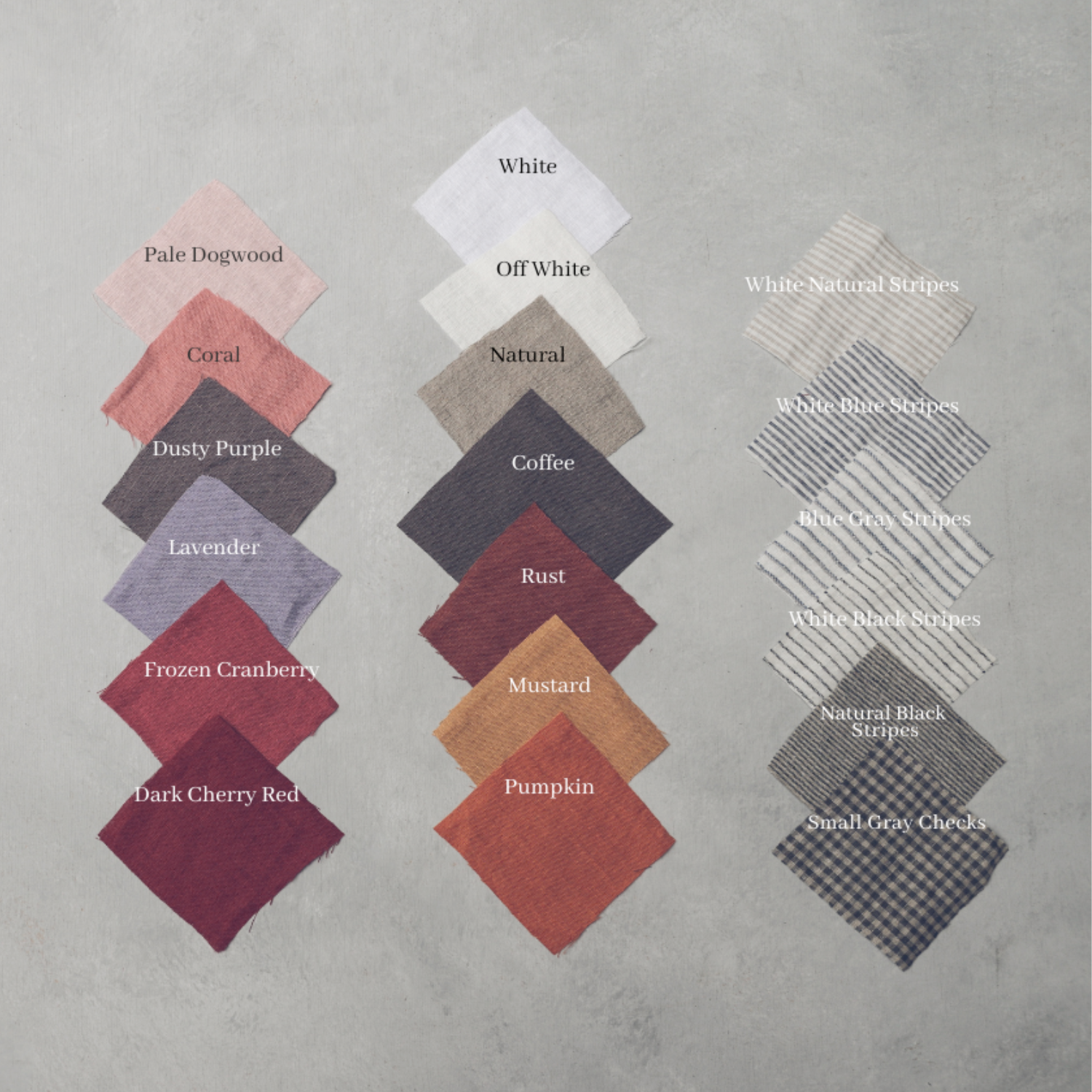 A selection of linen fabric swatches in different colors.