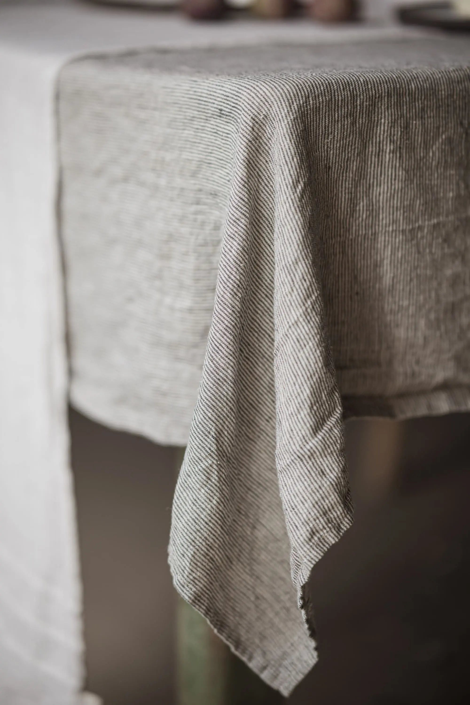 Stonewashed Natural Black Stripes Linen Tablecloth