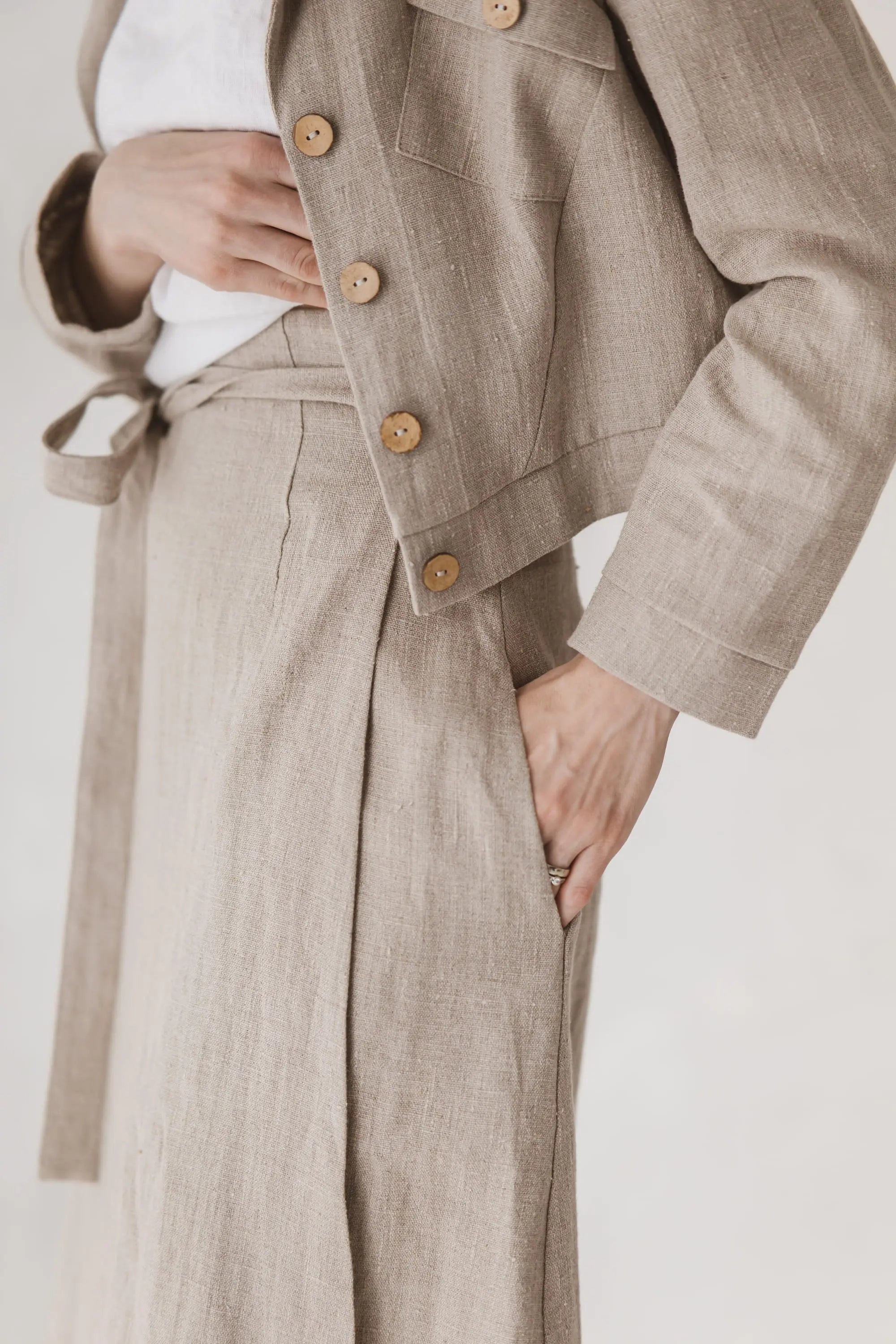 Structured Cropped Linen Blazer waist and coconut shell button detail