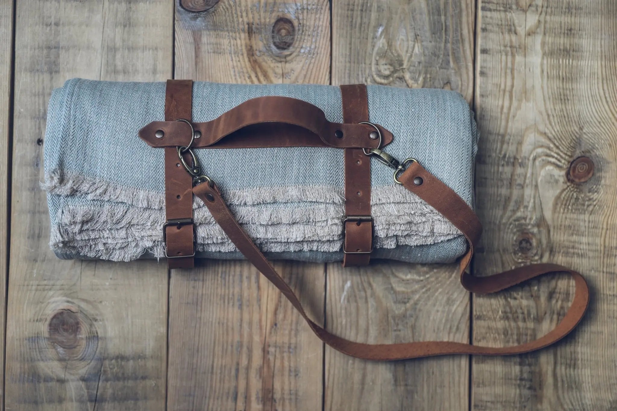 Linen Burgundy Throw Blanket with Leather Handle - Epic Linen luxury linen