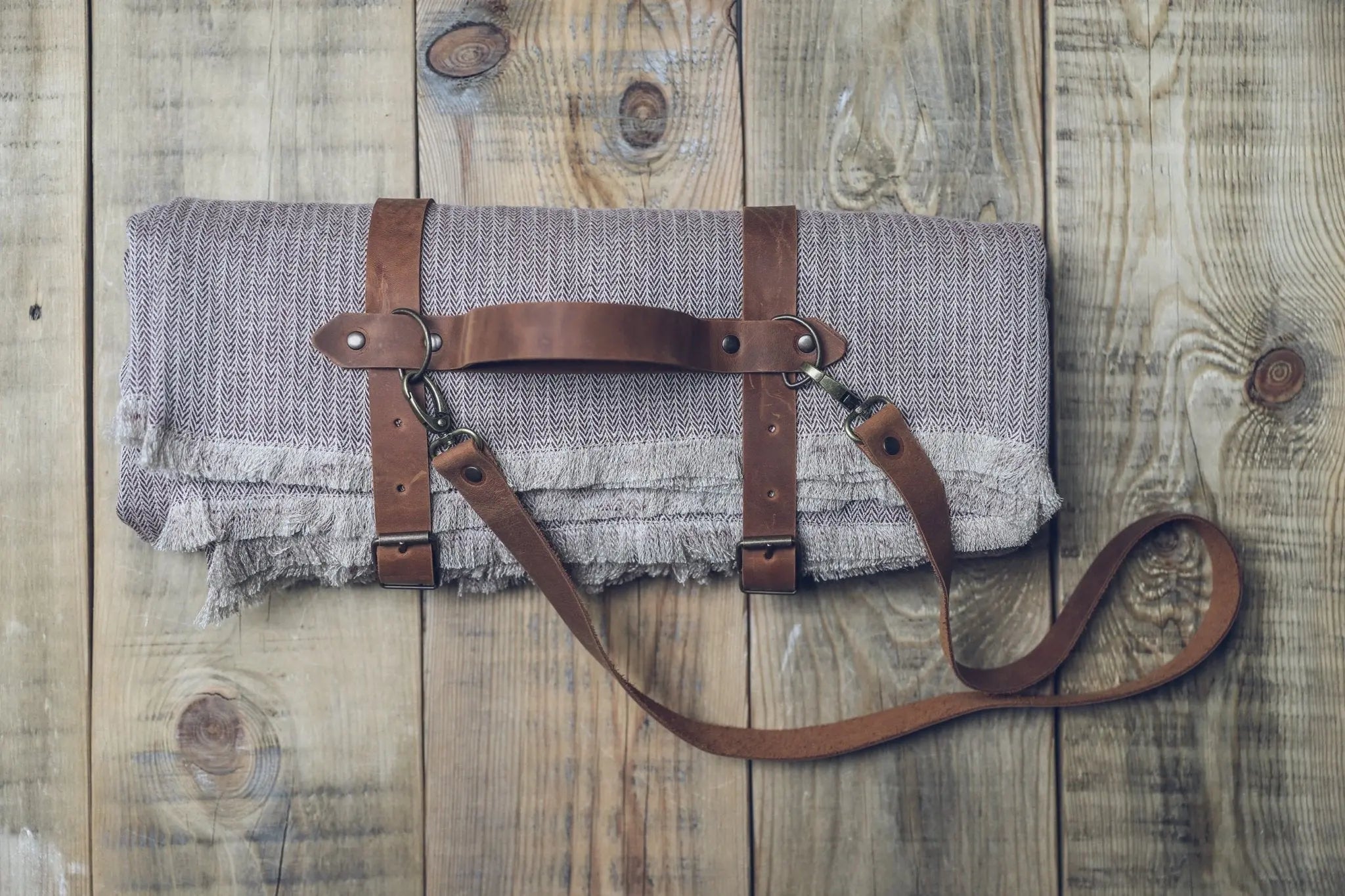 Linen Burgundy Throw Blanket with Leather Handle - Epic Linen luxury linen