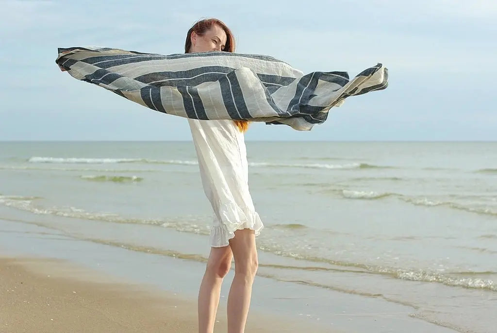 Linen Huckaback Beach Towel Natural Gray Striped - Epic Linen luxury linen