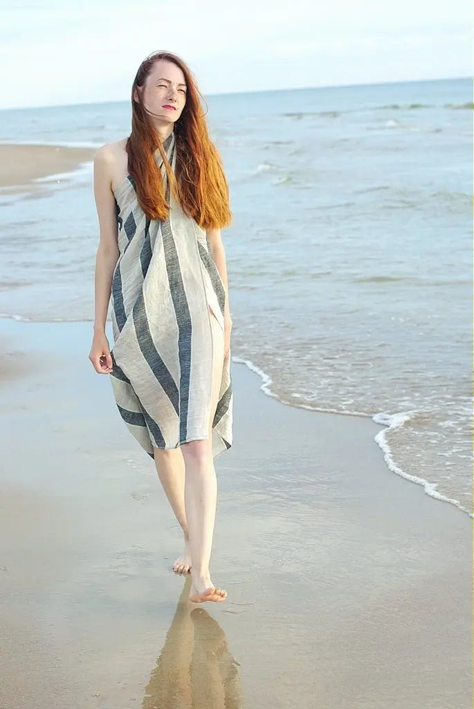 Linen Huckaback Beach Towel Natural Gray Striped - Epic Linen luxury linen