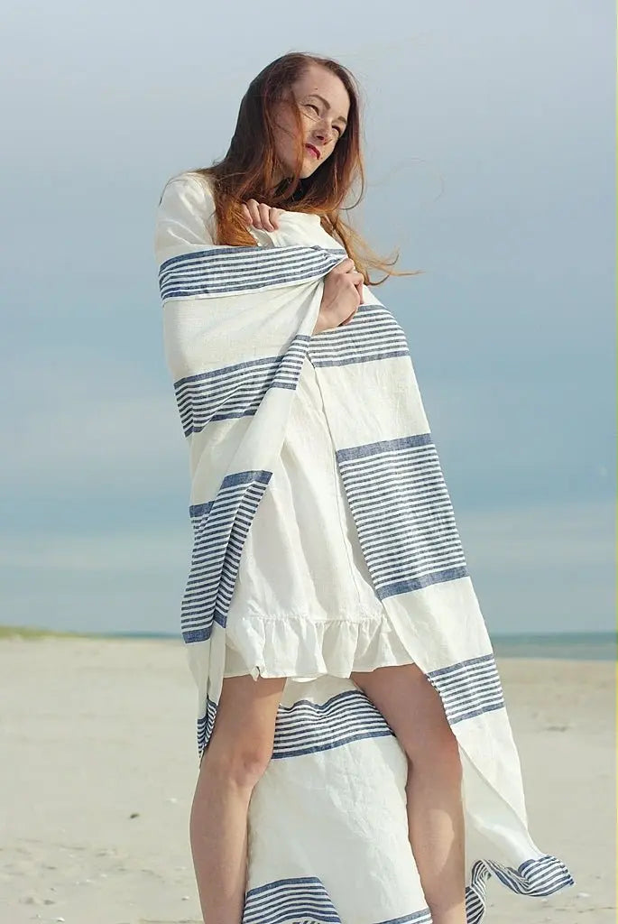 Linen Huckaback Beach Towel White Blue Striped - Epic Linen luxury linen