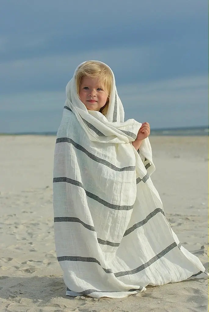 Linen Huckaback Beach Towel White Gray Striped Epic Linen