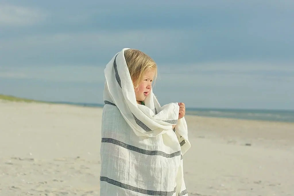 Linen Huckaback Beach Towel White Gray Striped - Epic Linen luxury linen
