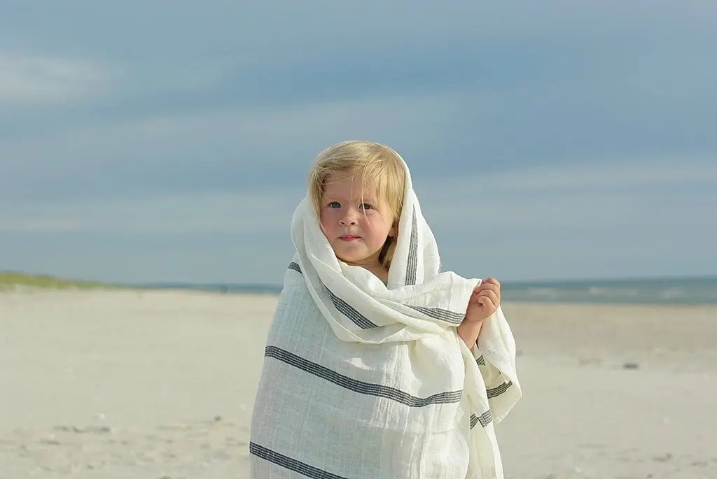 Linen Huckaback Beach Towel White Gray Striped - Epic Linen luxury linen