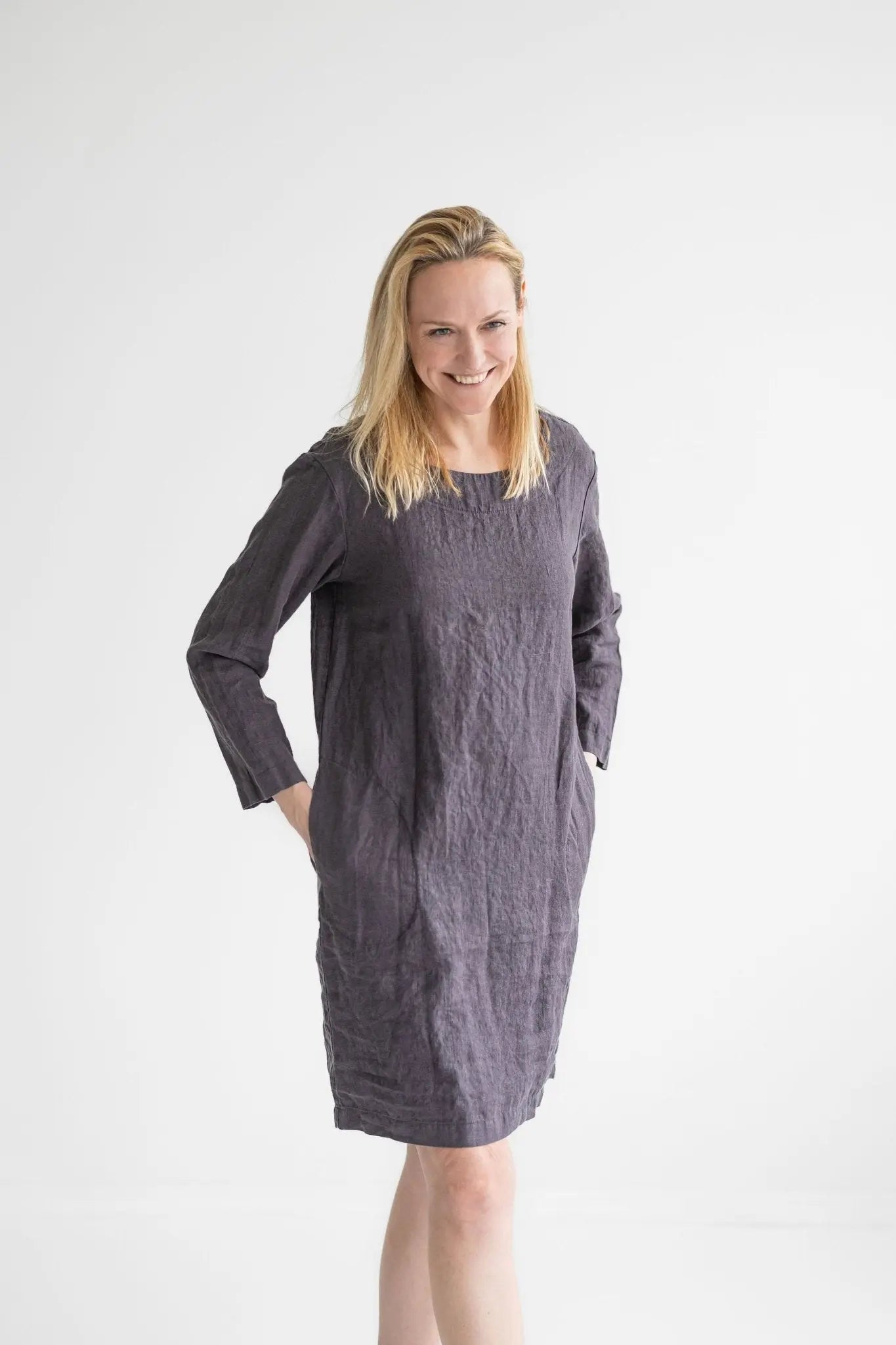 knee length dresses for ladies Wynn Drop Waist Linen Dress | Button-Up Long Sleeve main image 0