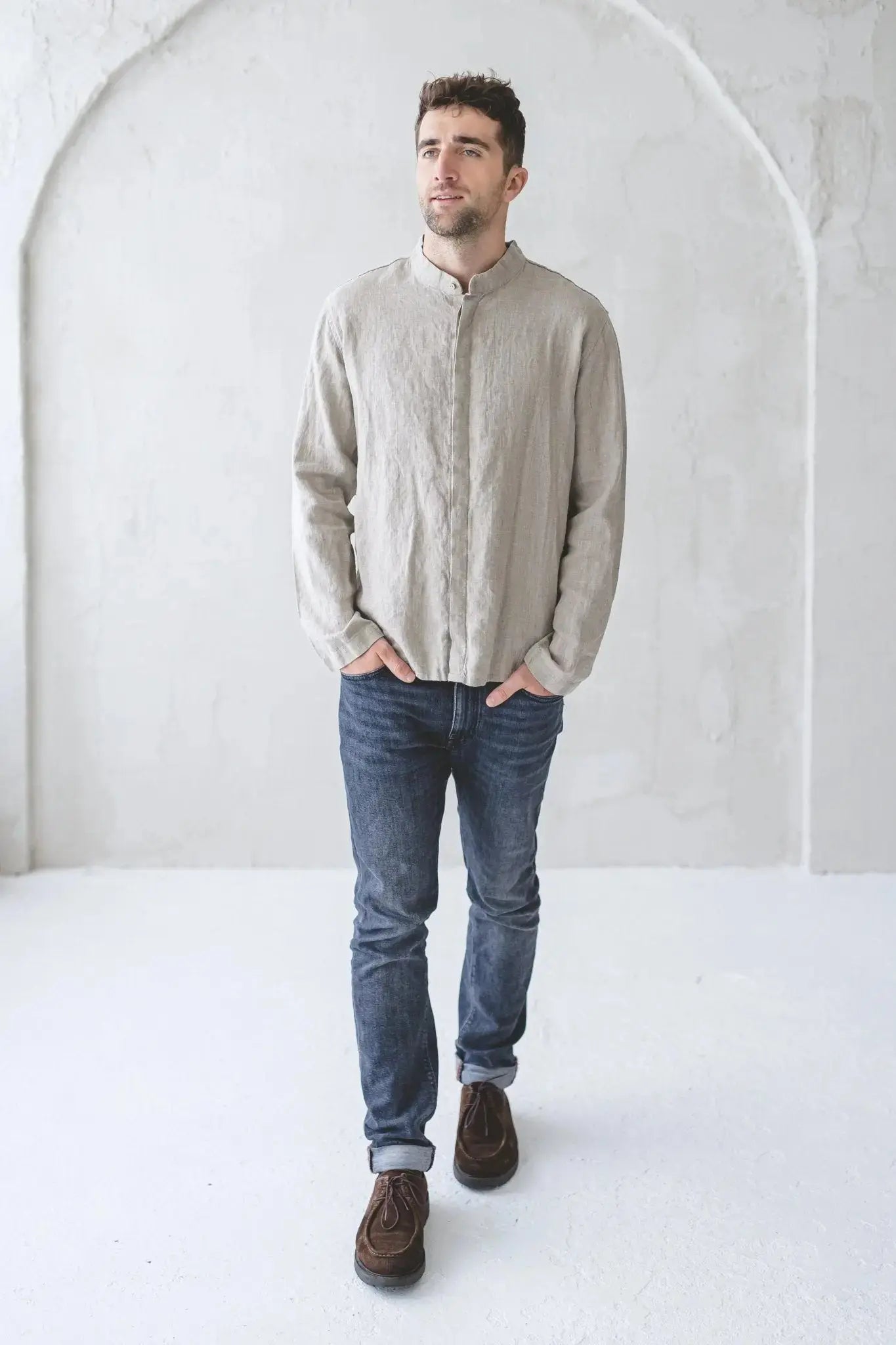 dress shirts with hidden collar buttons Men's Linen Shirt With Hidden Buttons