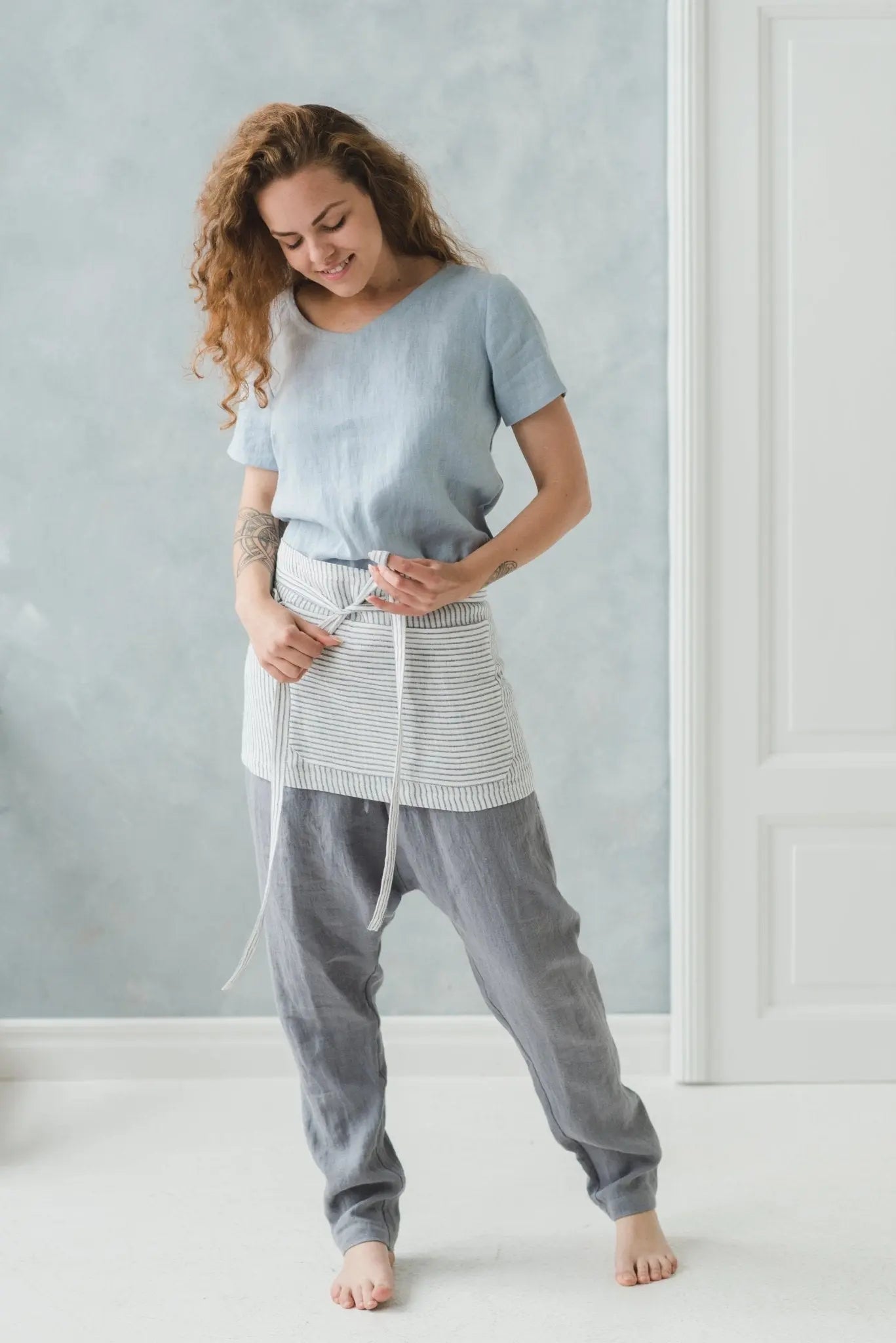 Patterned Linen Mini Cafe Apron - Epic Linen luxury linen