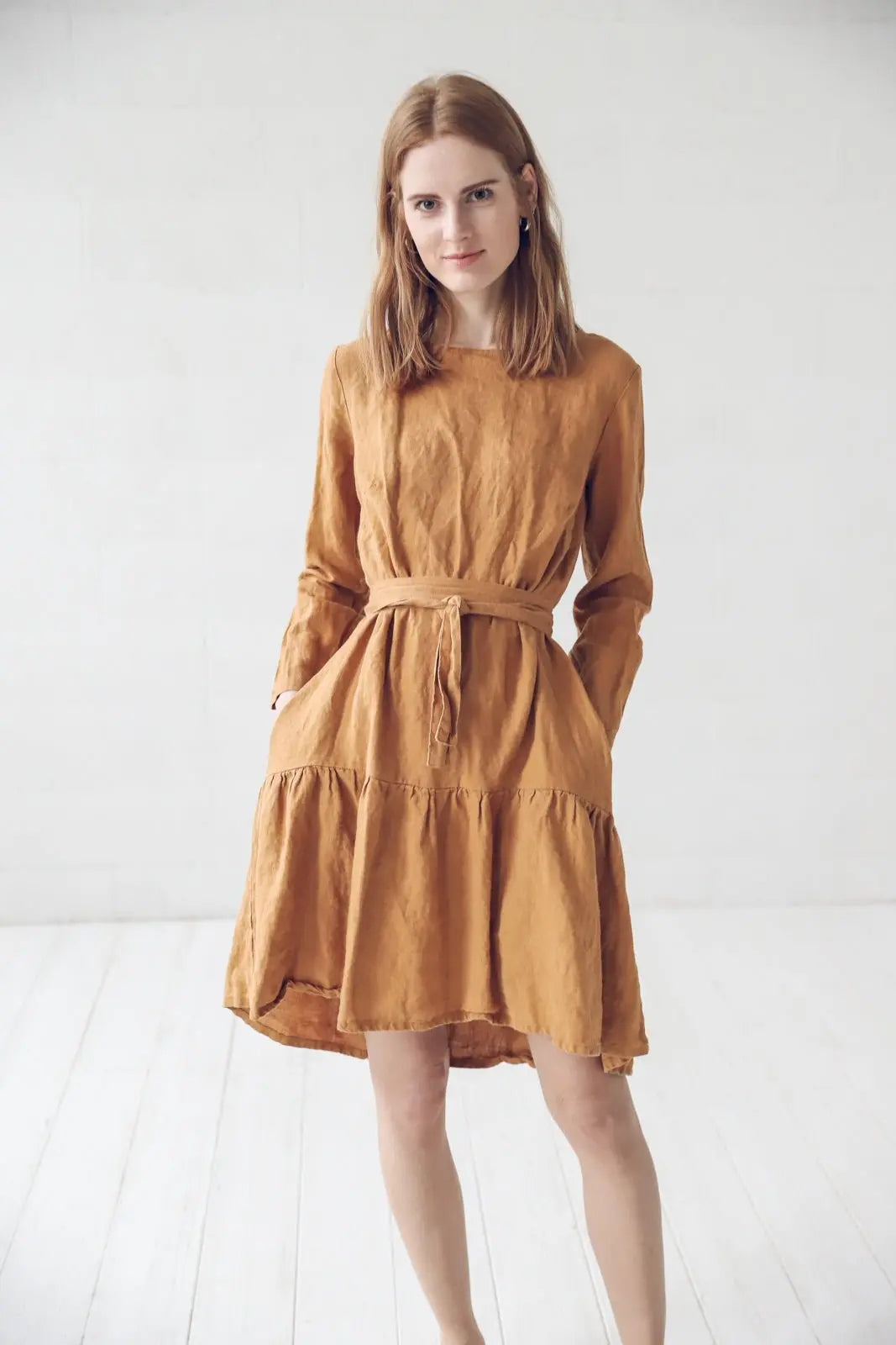 Ruffled Linen Dress with Belt - Epic Linen luxury linen