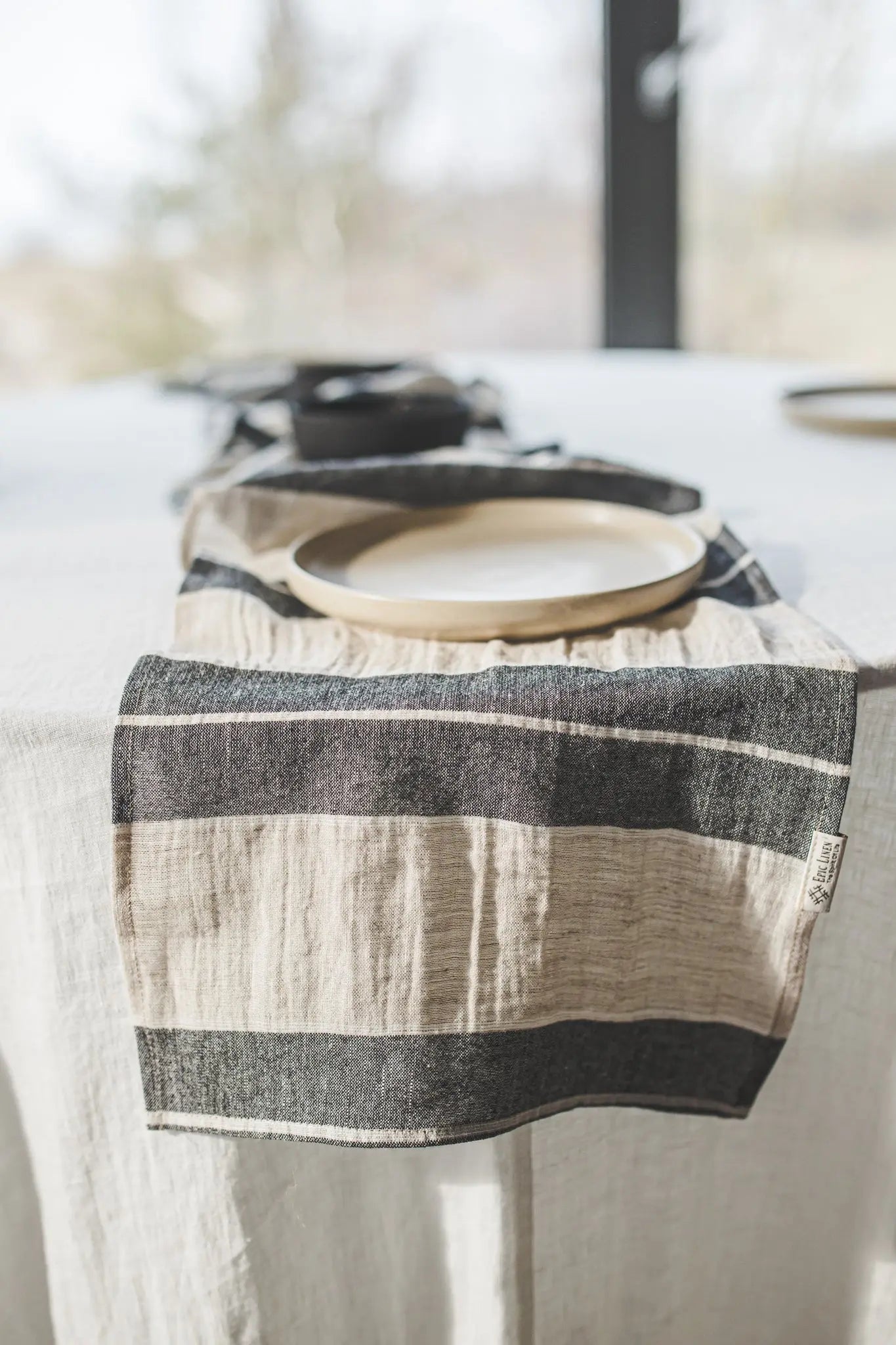 Striped Natural Gray Soft Linen Table Runner - Epic Linen, image size:1365x2048