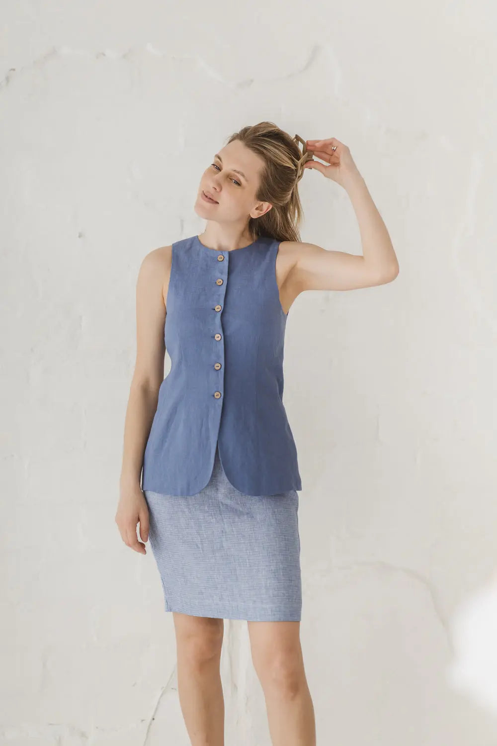 Structured Linen Vest with Curved Hem