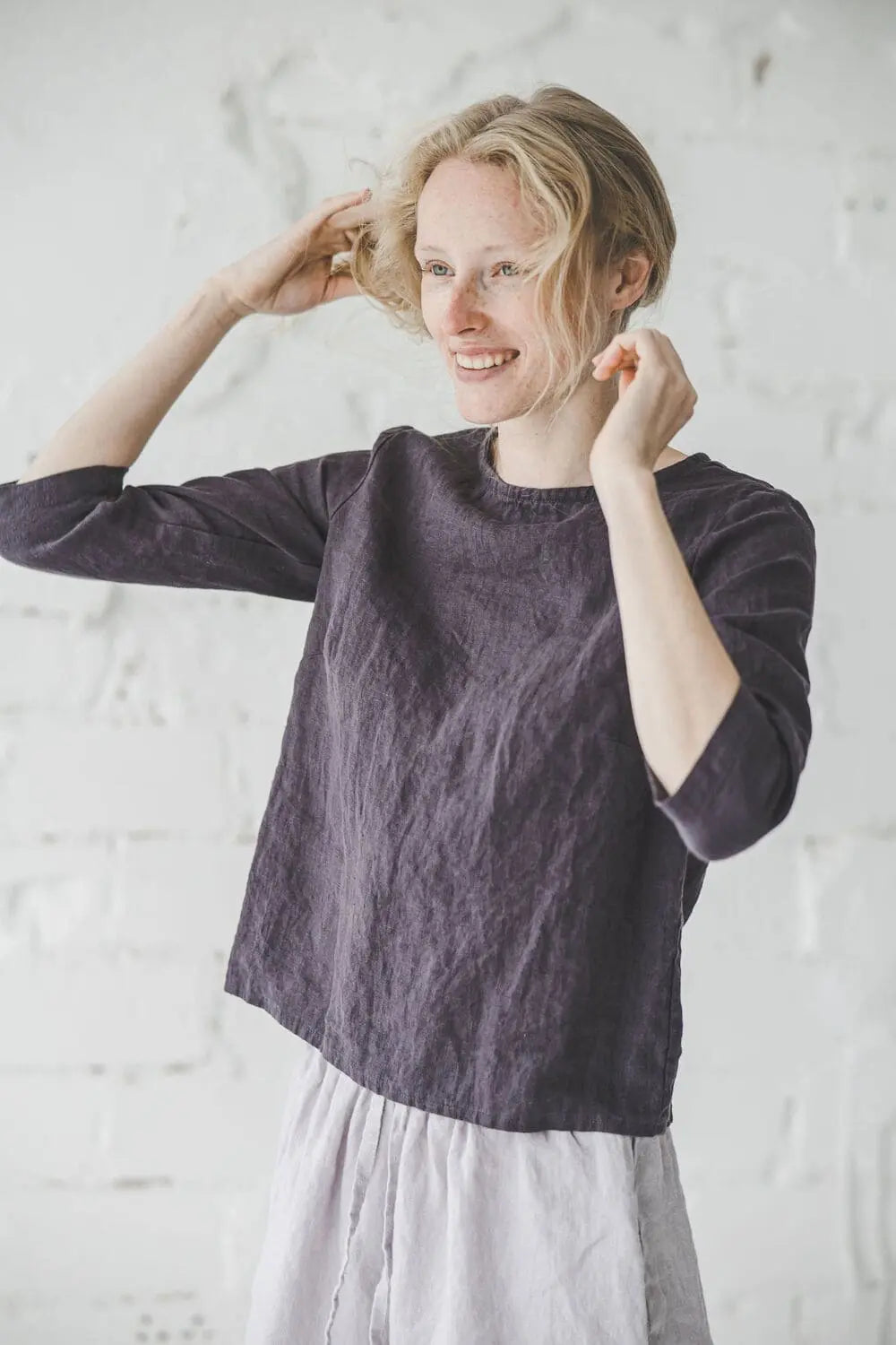 Loose Fit Linen Blouse with 3/4 Sleeves - Soft Organic Linen Top for Women