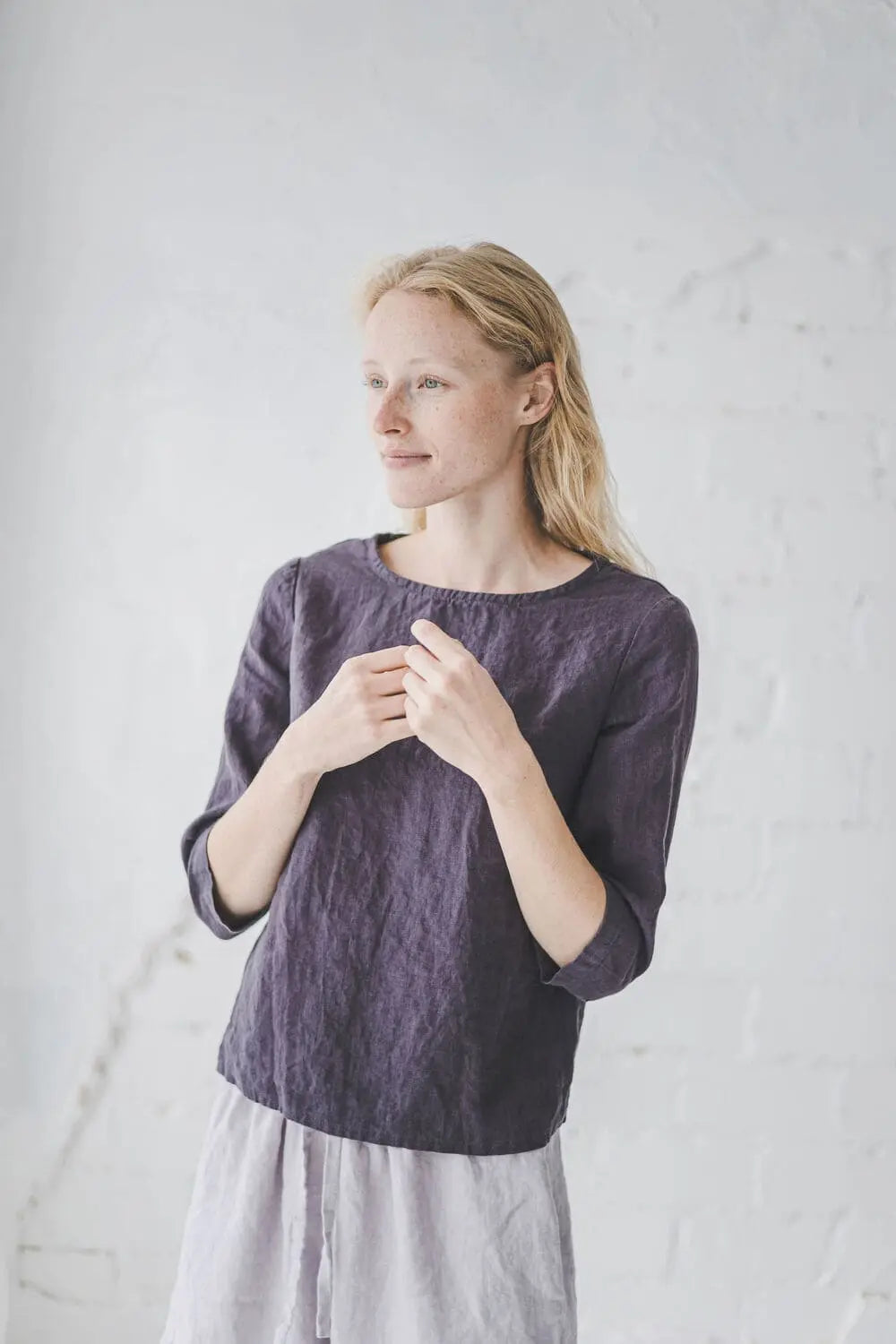 Loose Fit Linen Blouse with 3/4 Sleeves - Soft Organic Linen Top for Women