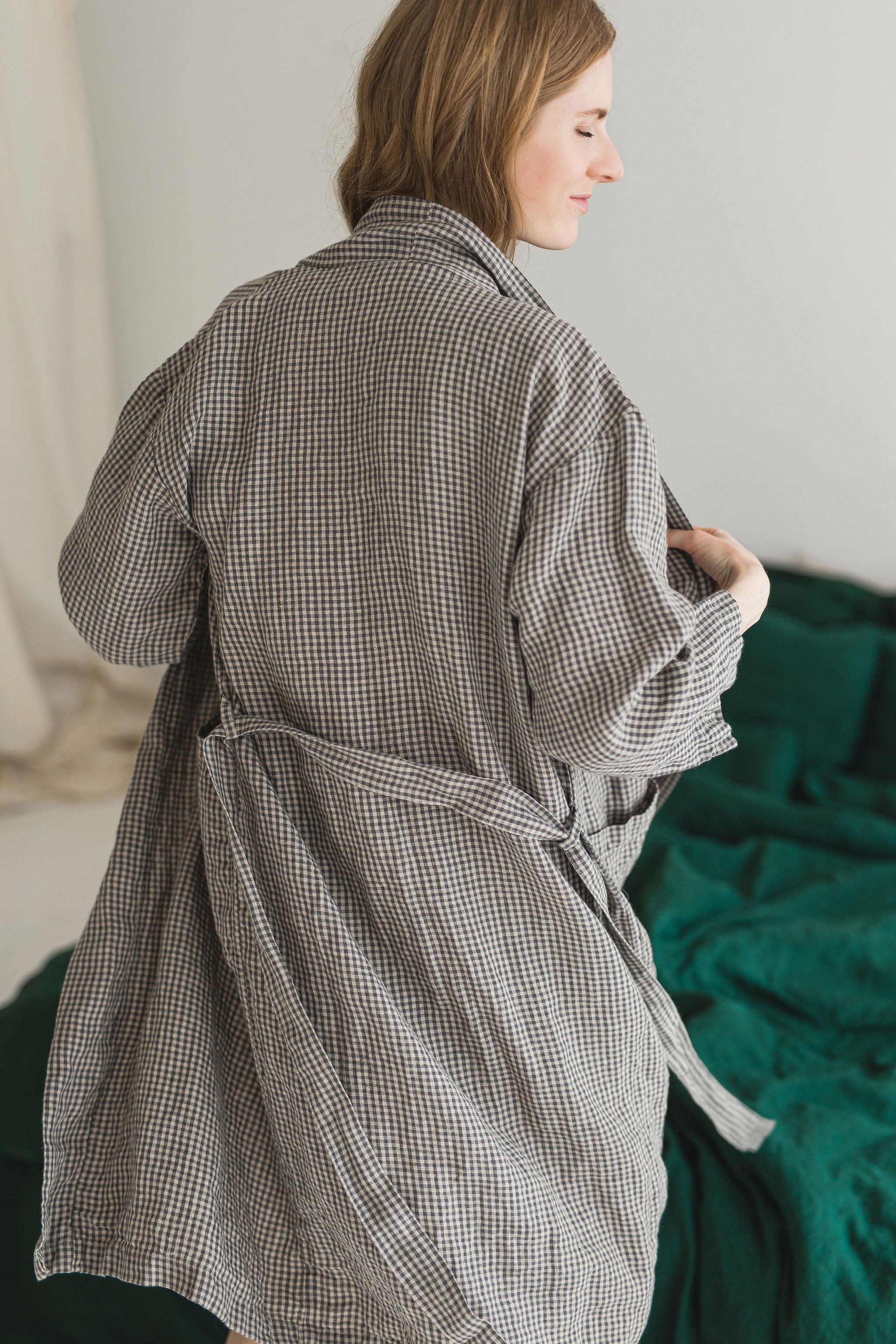 One Size Linen Bathrobe in Small Gray Checks Epic Linen