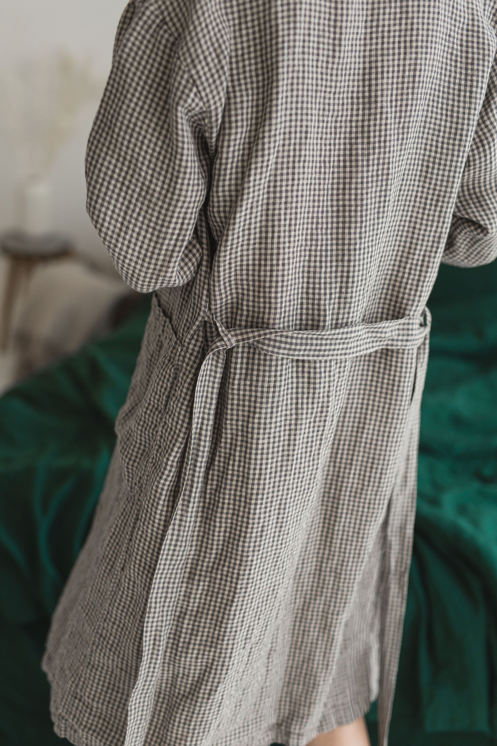 One Size Linen Bathrobe in Small Gray Checks Epic Linen