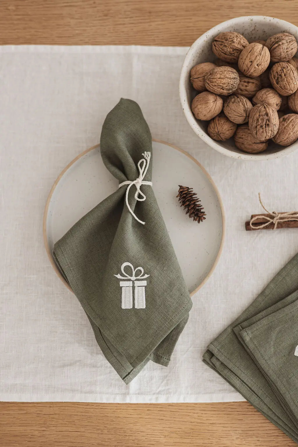 Linen Christmas Napkins Set in Forest Green with Embroidery Epic Linen