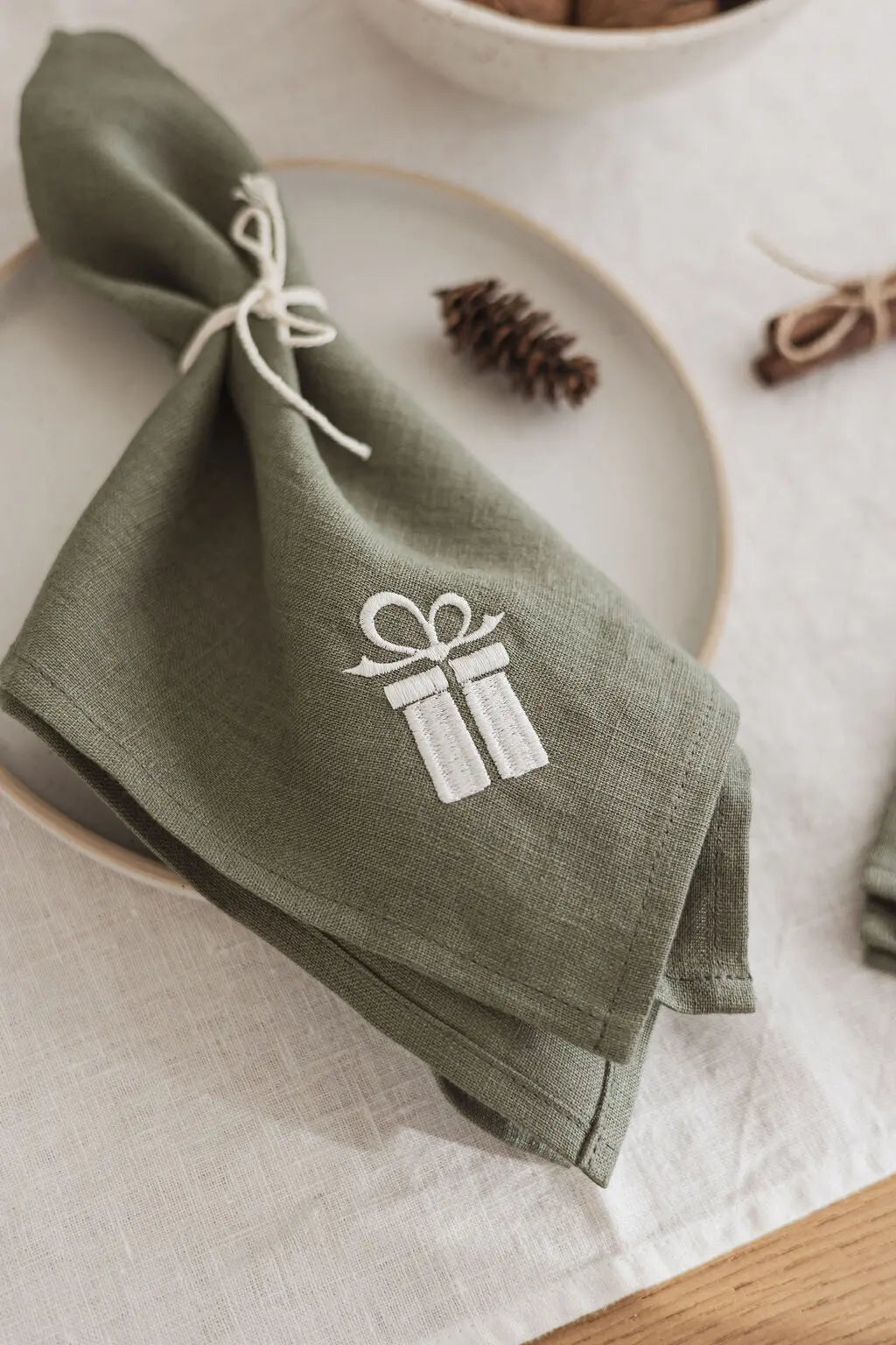 Linen Christmas Napkins Set in Forest Green with Embroidery Epic Linen