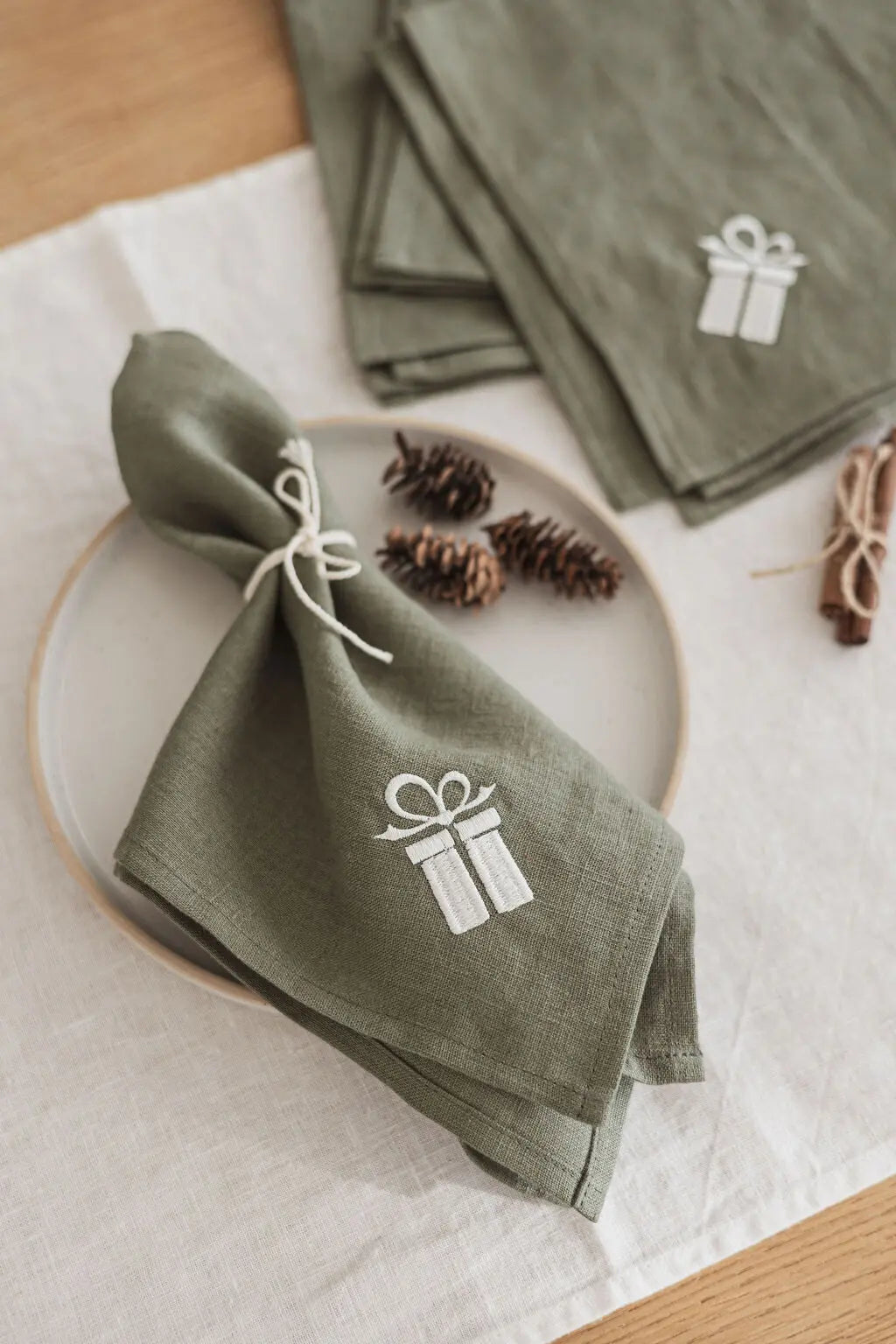 Linen Christmas Napkins Set in Forest Green with Embroidery Epic Linen