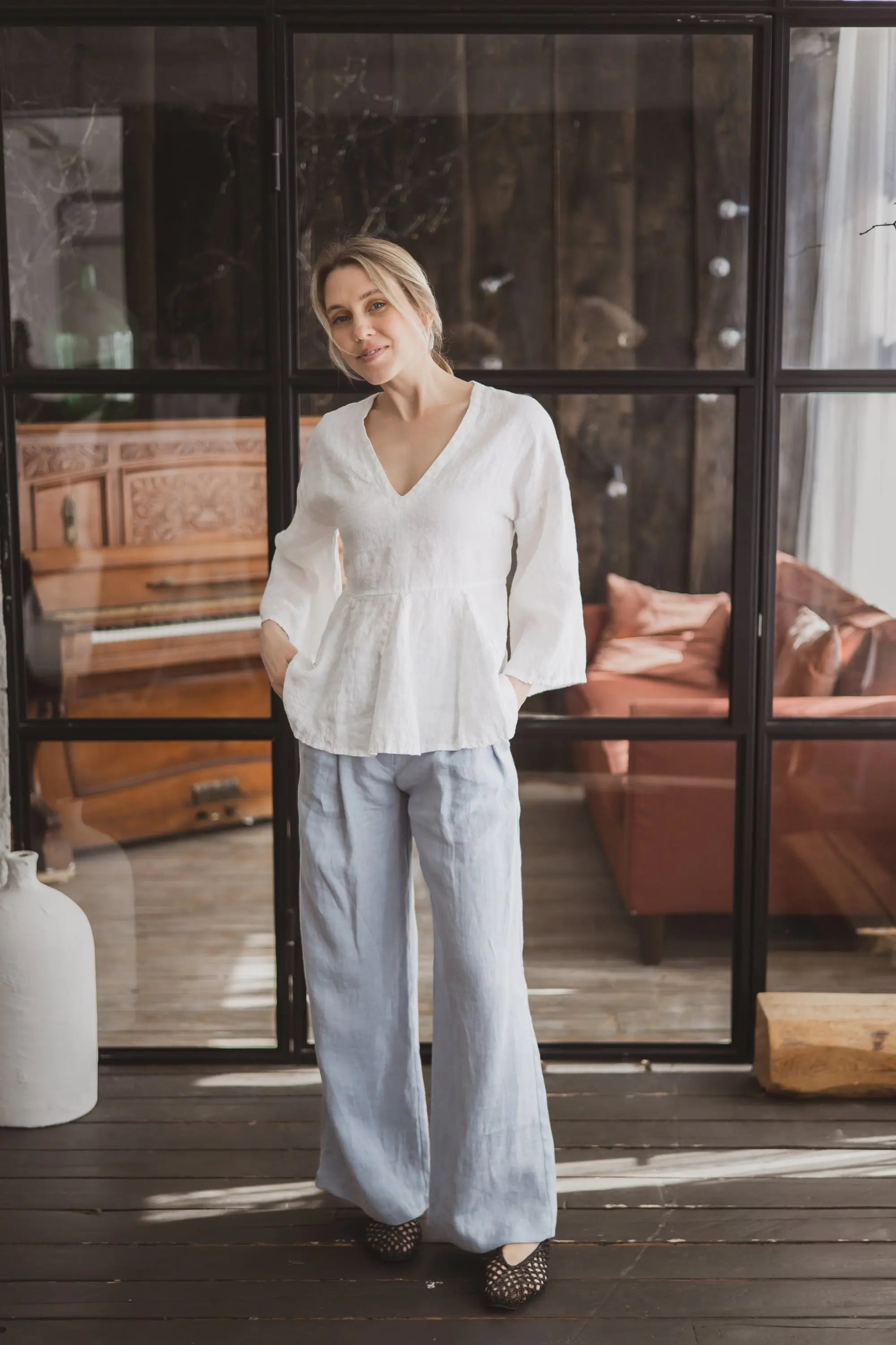 Linen Peplum Tie Waist Top – Iris