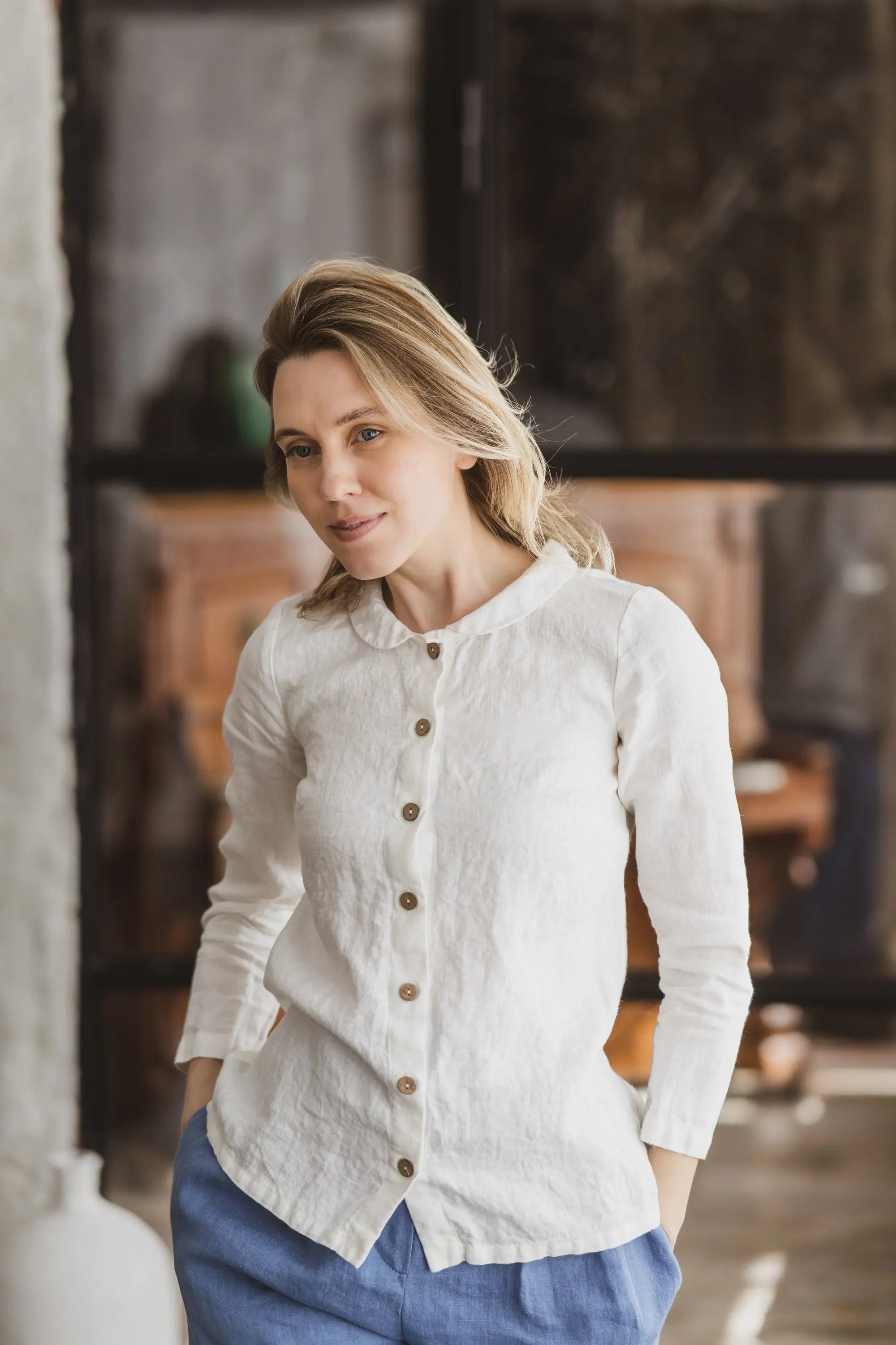 Button-Down Linen Shirt with Peter Pan Collar