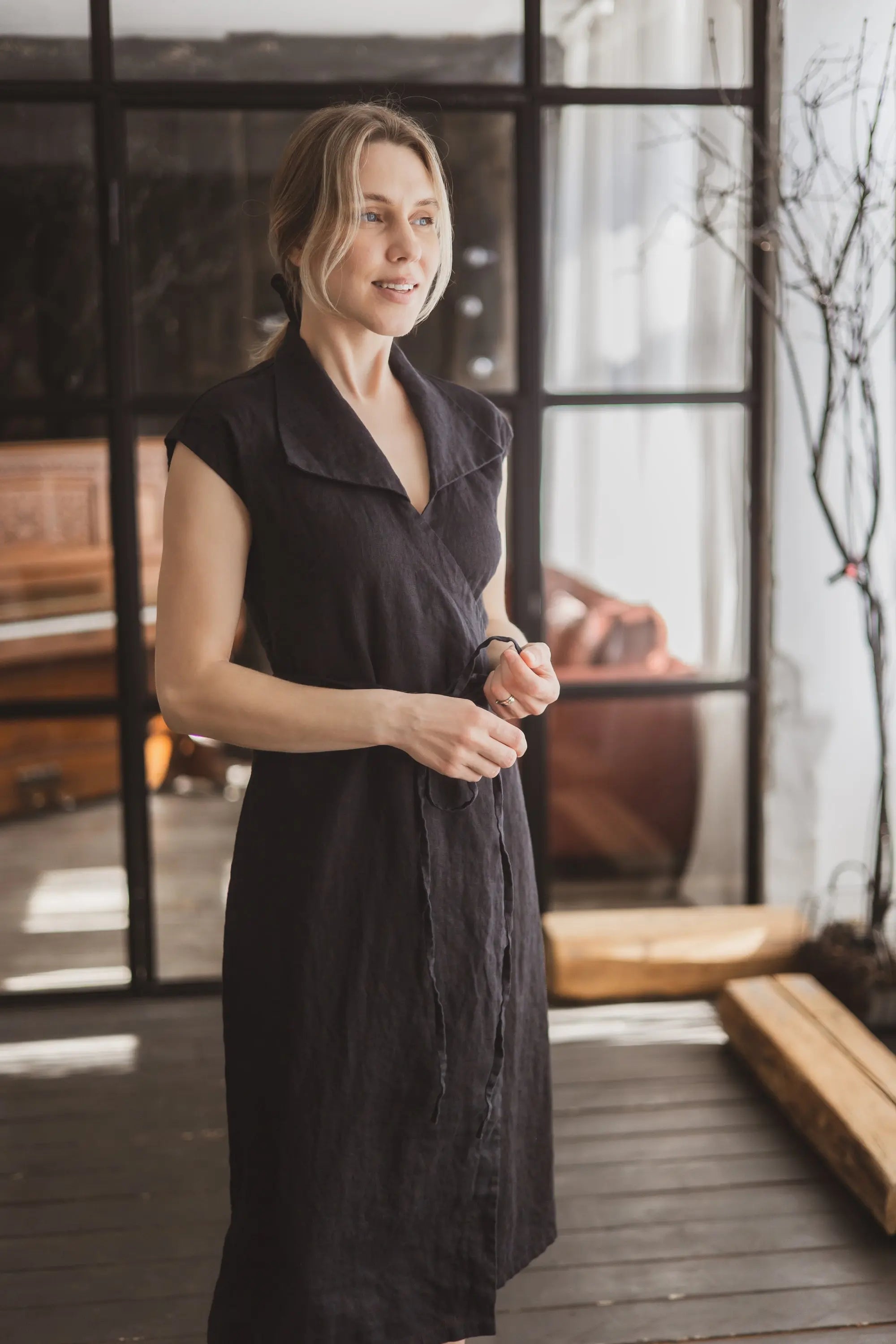 Collared Short Sleeve Midi Linen Wrap Dress - Mia