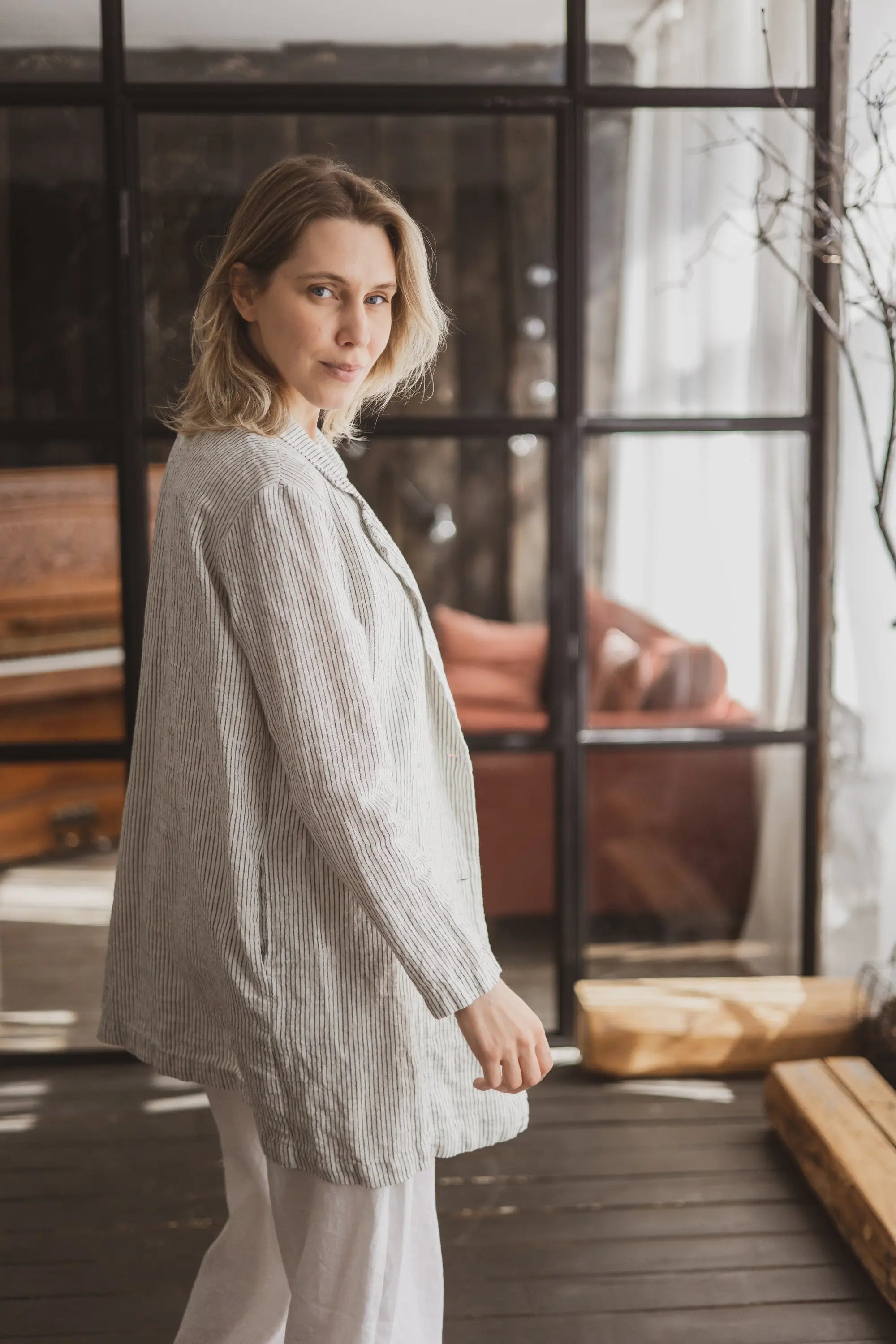 Double-Breasted Longline Linen Blazer