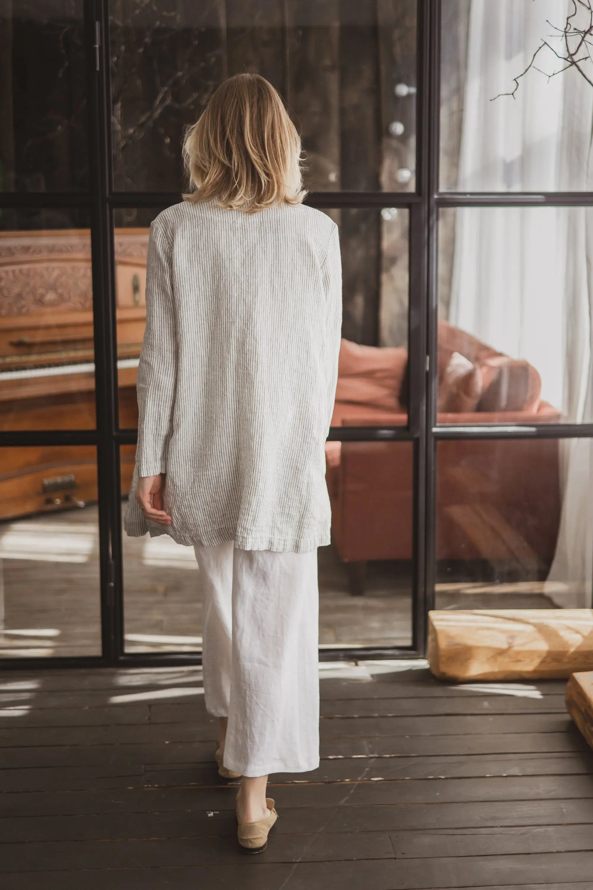 Double-Breasted Longline Linen Blazer