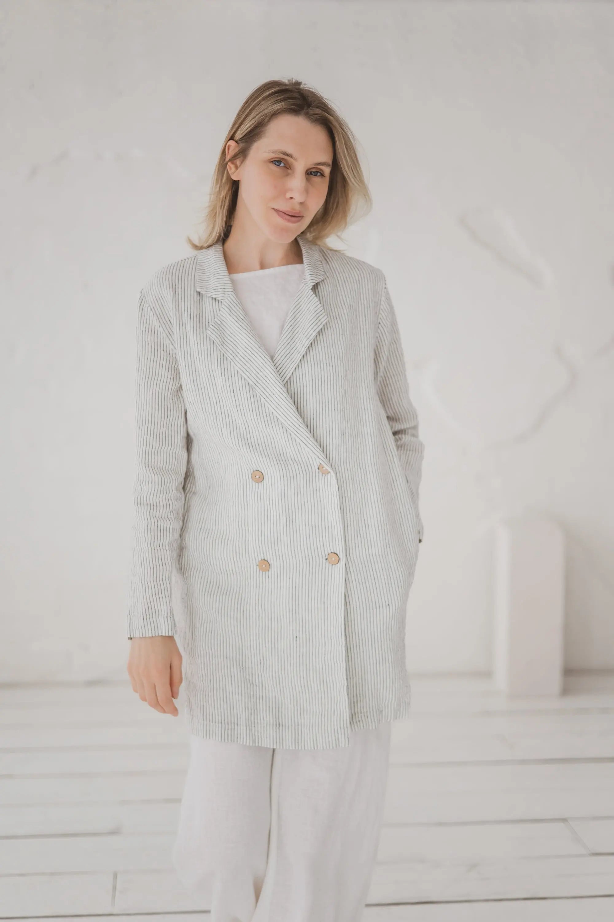Double-Breasted Longline Linen Blazer