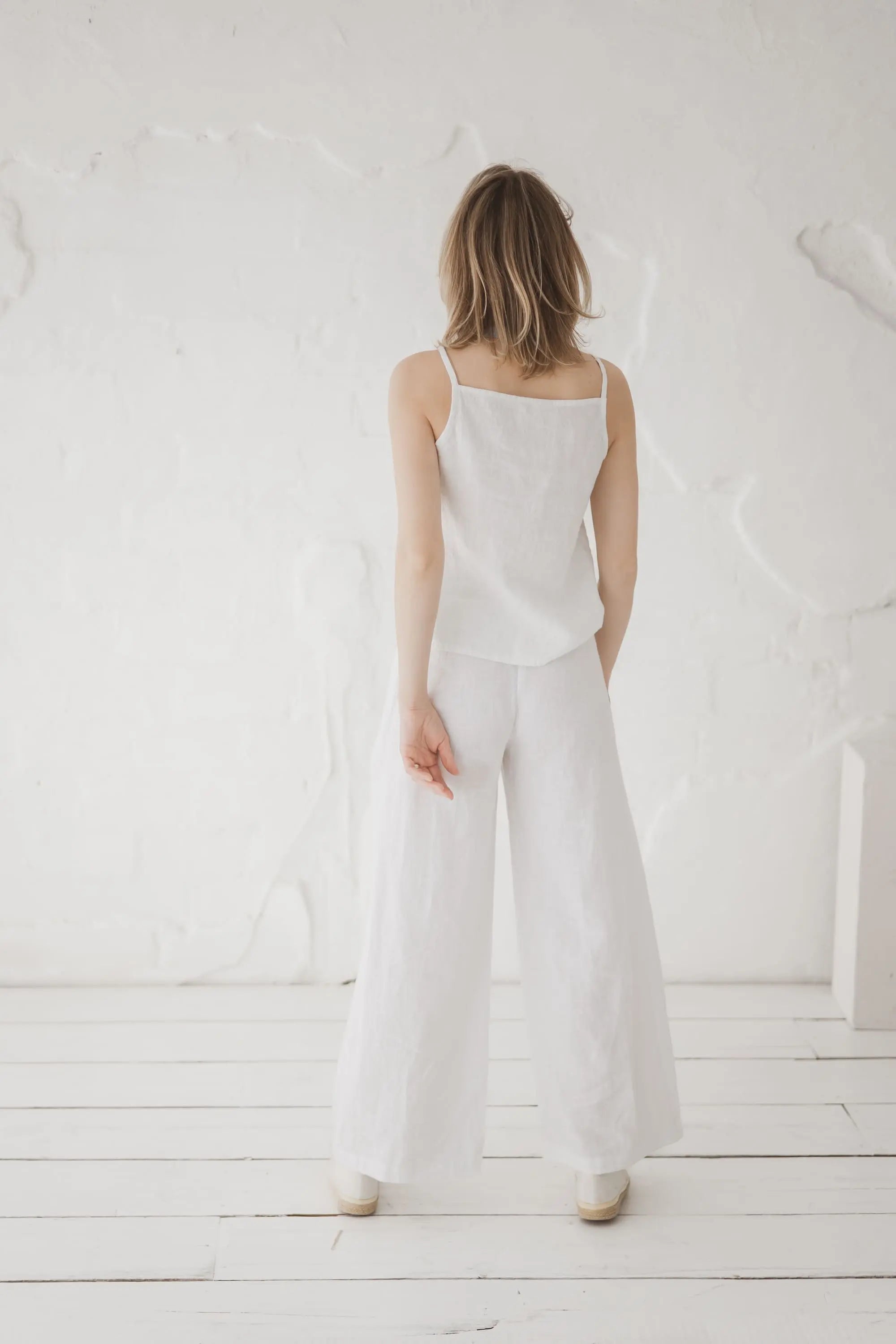 Adjustable Waist Wide-Leg Palazzo Linen Trousers