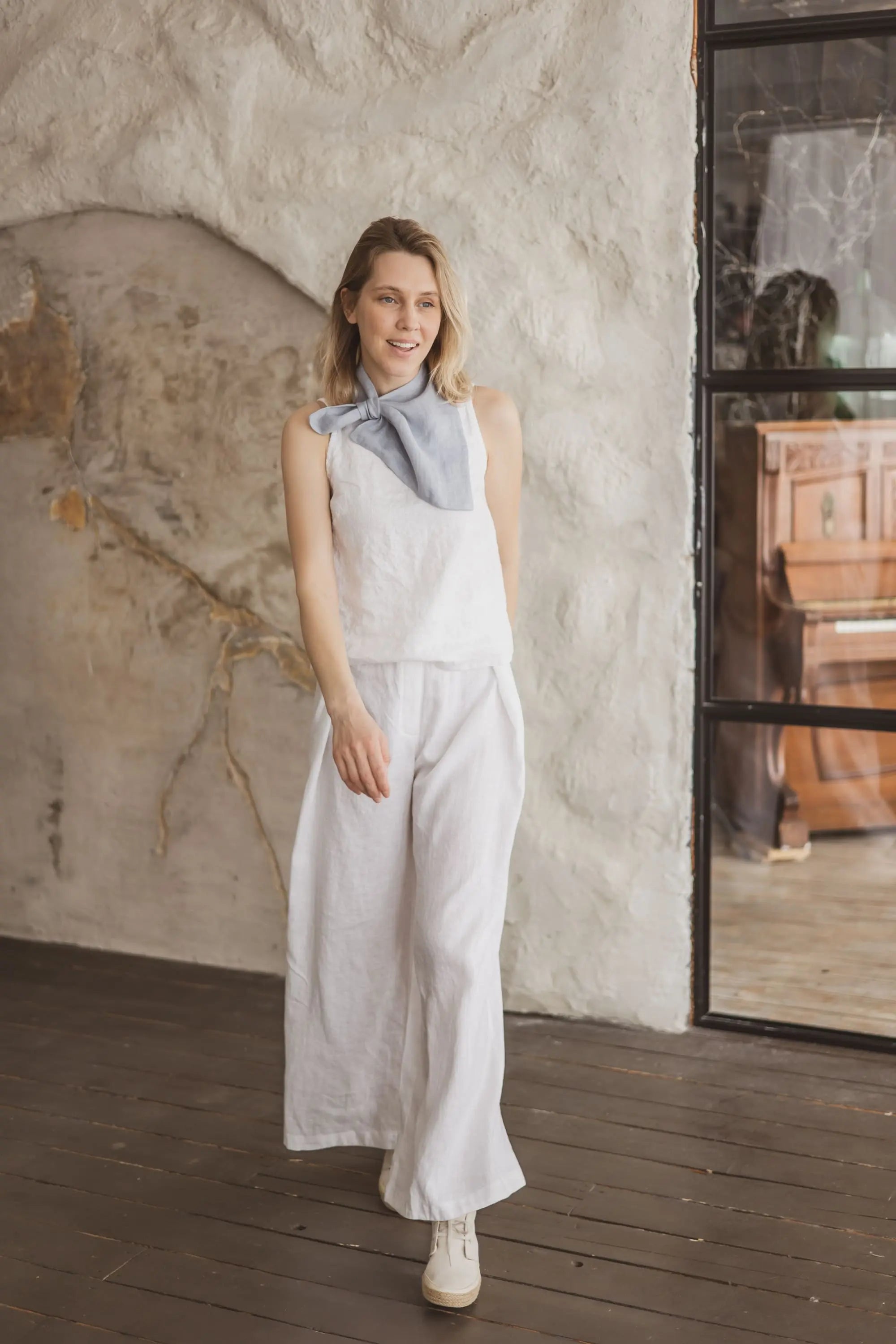 Adjustable Waist Wide-Leg Palazzo Linen Trousers