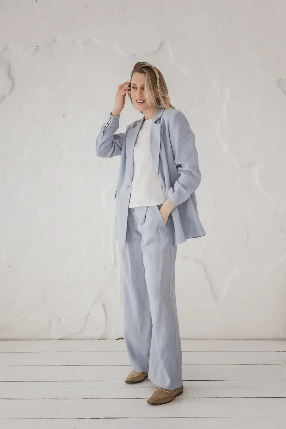 High-Waisted Wide Leg Pleated Linen Trousers