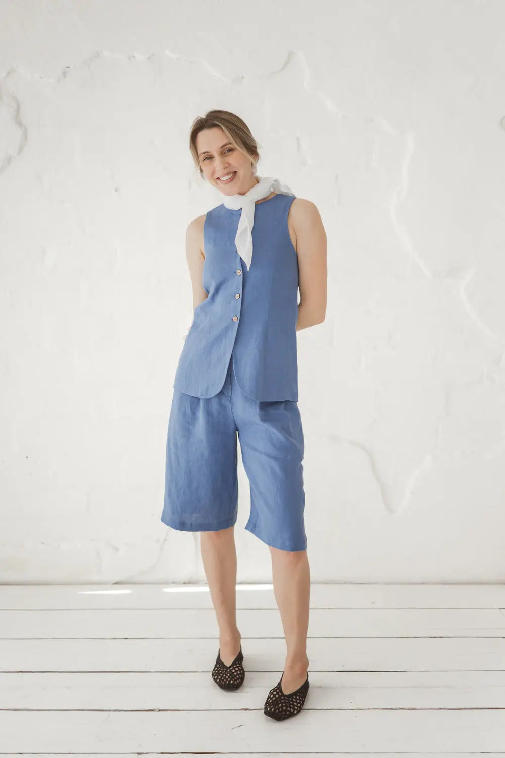 Structured Linen Vest with Curved Hem