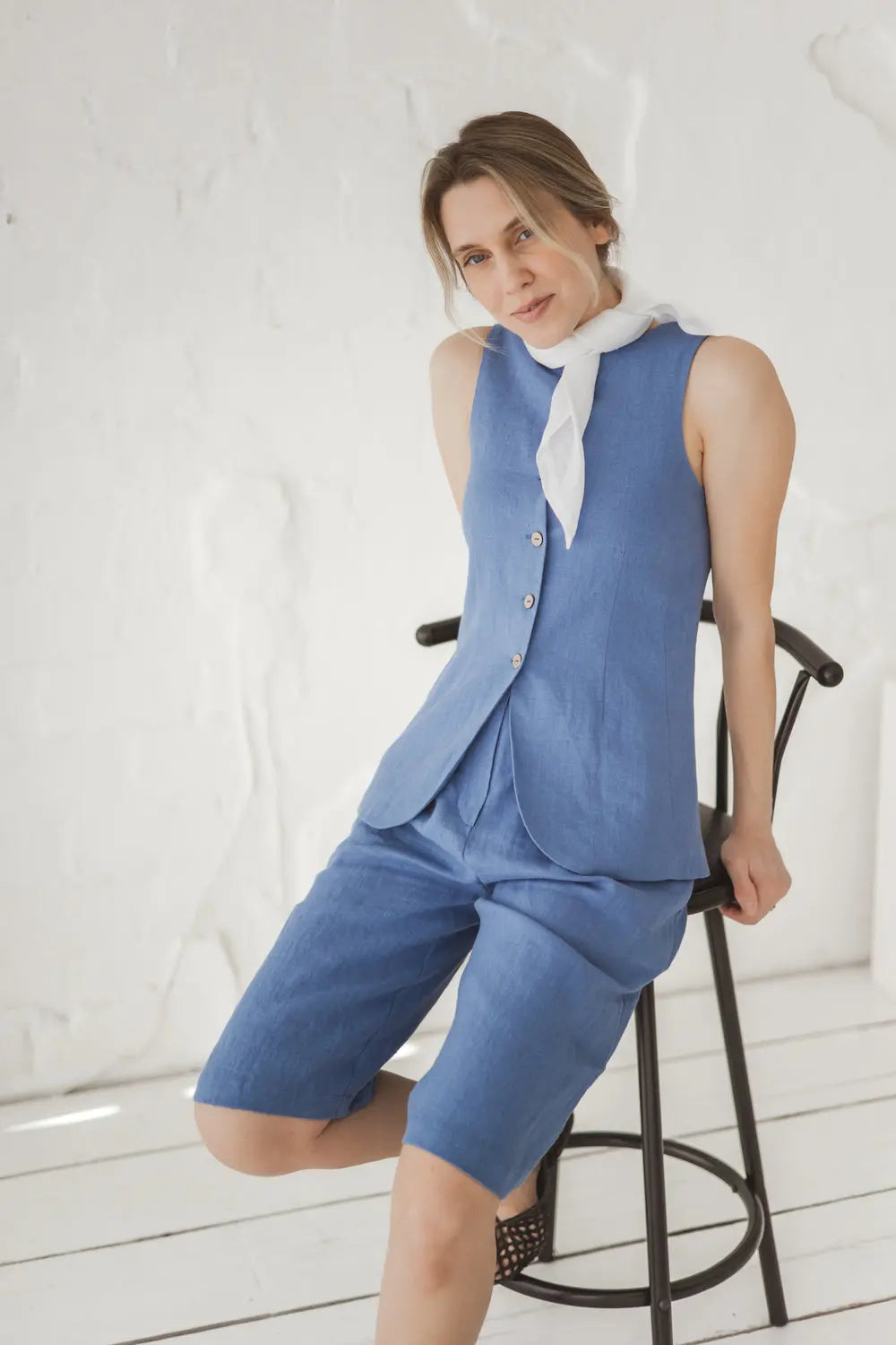 Structured Linen Vest with Curved Hem