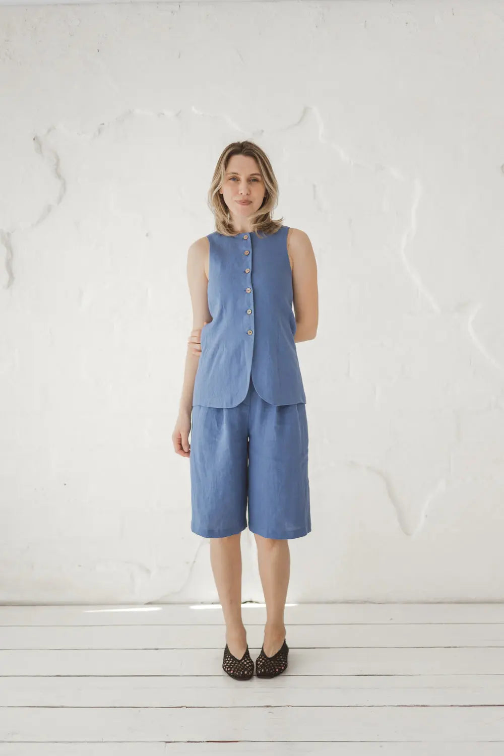Structured Linen Vest with Curved Hem
