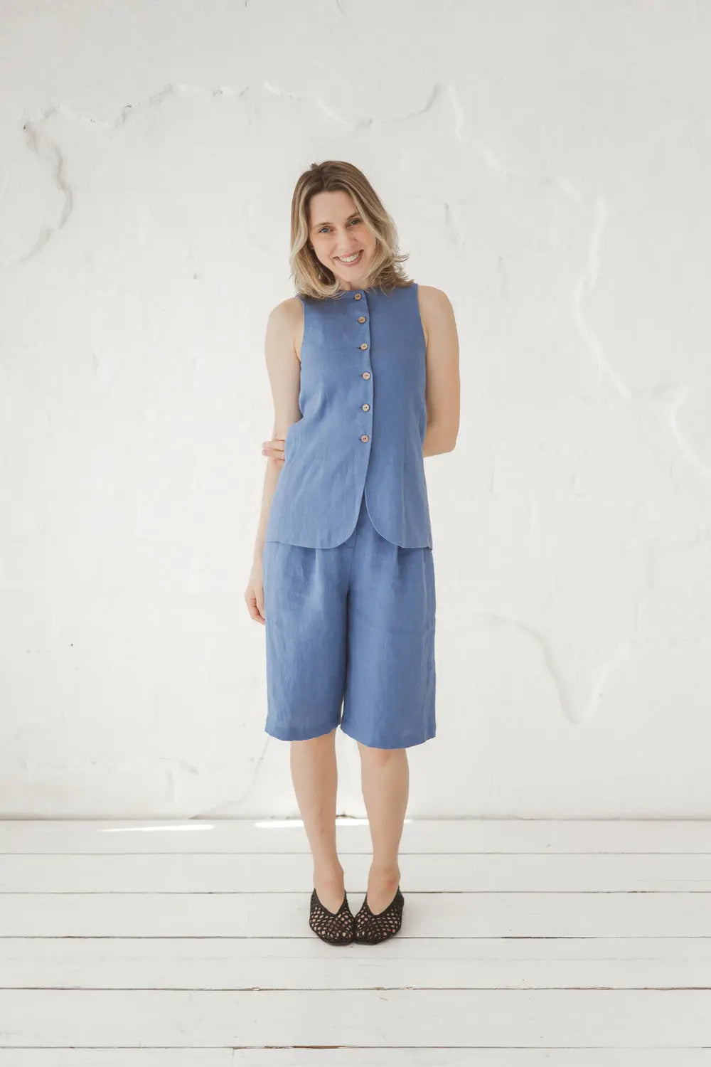 Structured Linen Vest with Curved Hem
