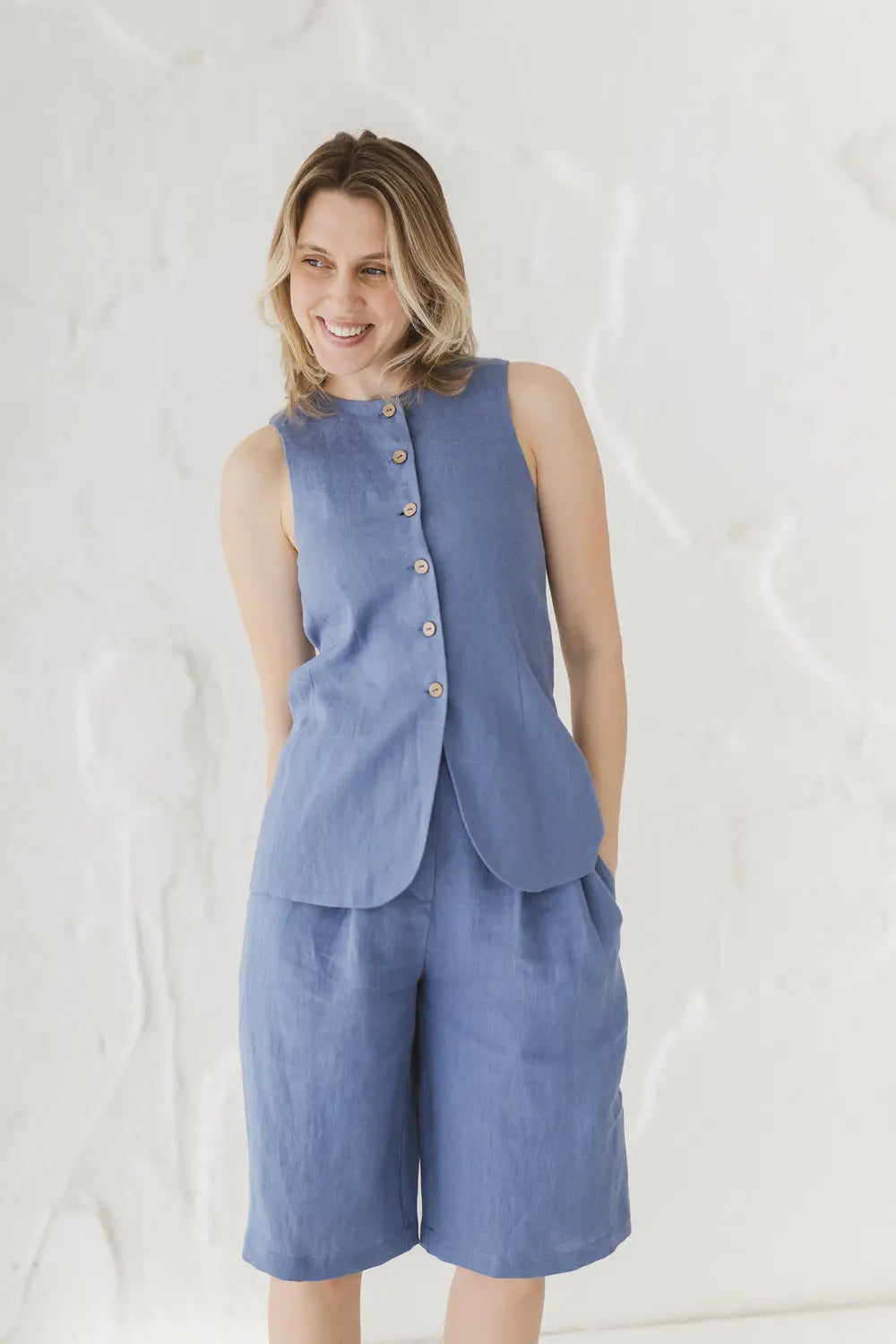 Structured Linen Vest with Curved Hem