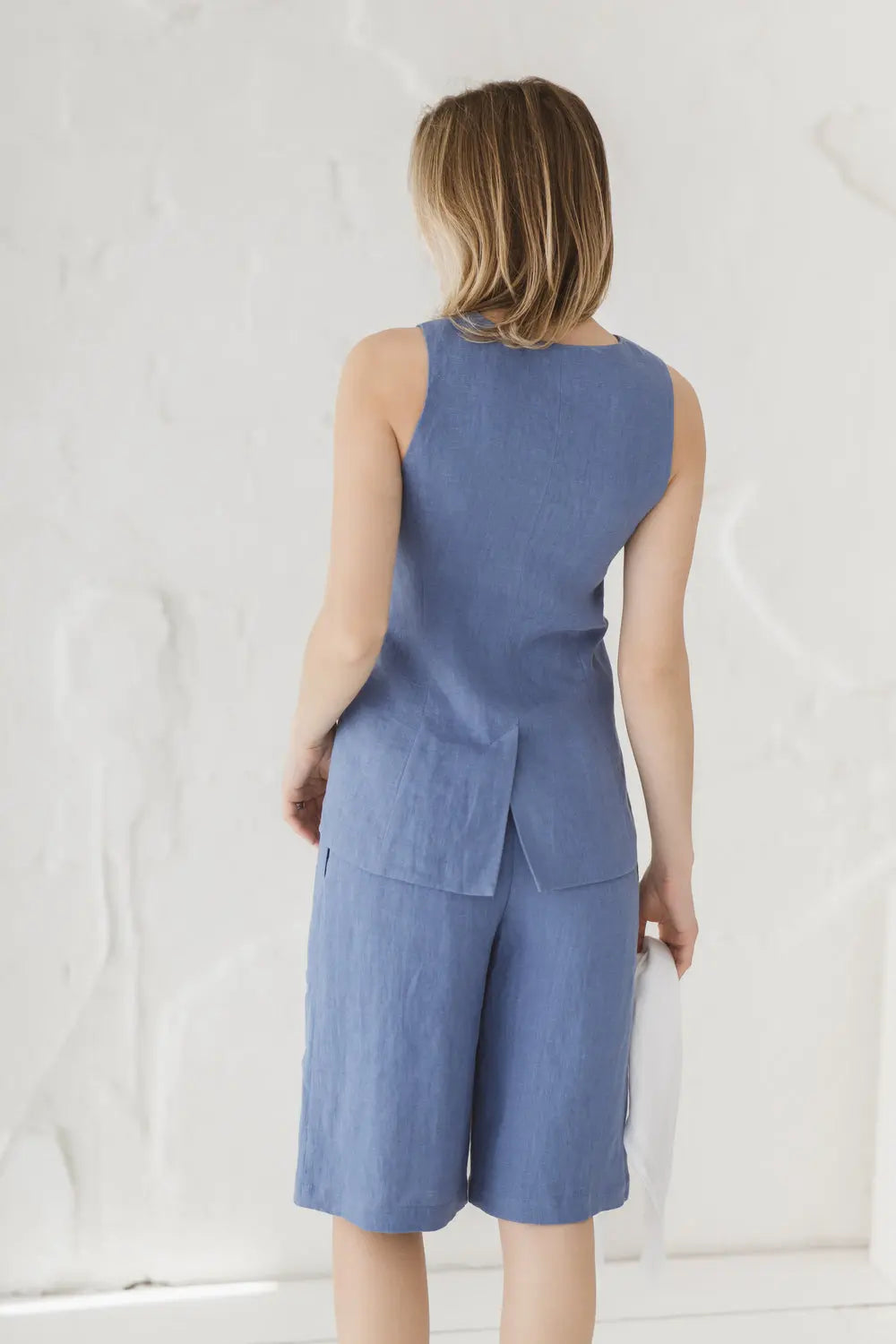 Structured Linen Vest with Curved Hem