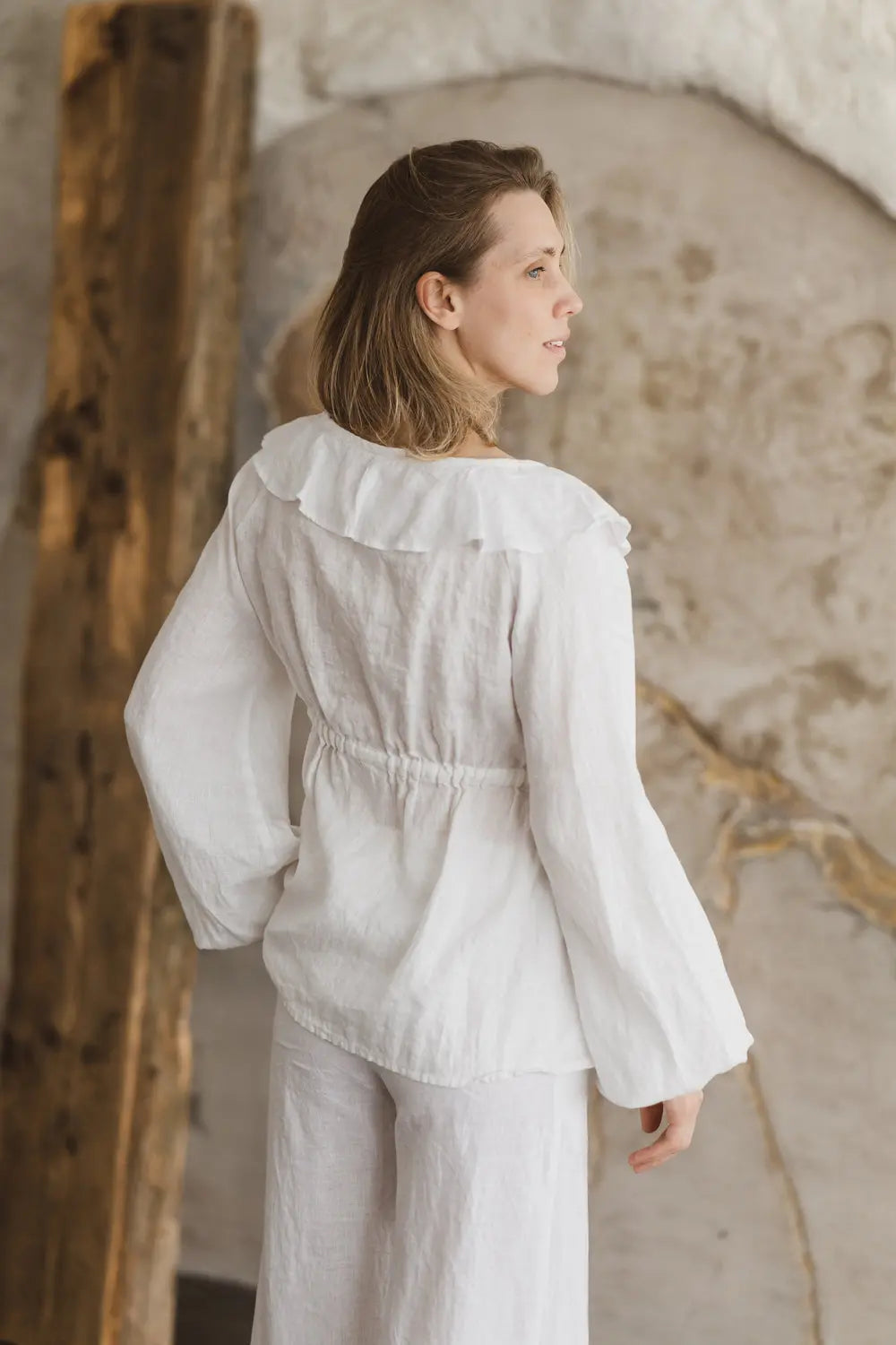 Linen Tie-Front Blouse with Ruffle Detail - MARGARET