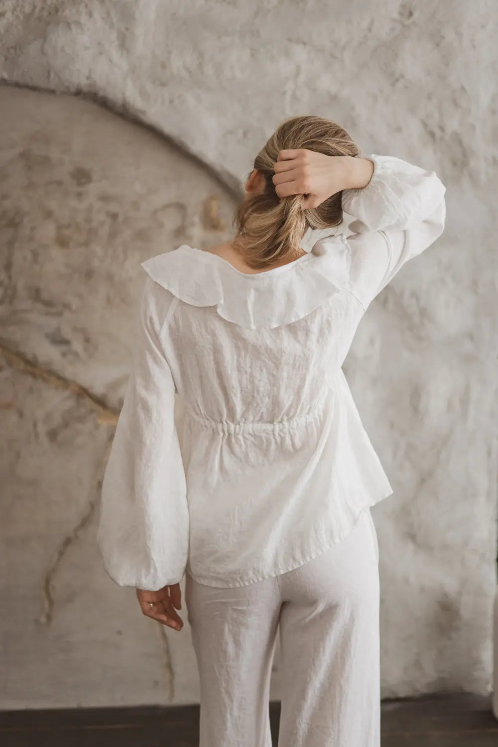 Linen Tie-Front Blouse with Ruffle Detail - MARGARET
