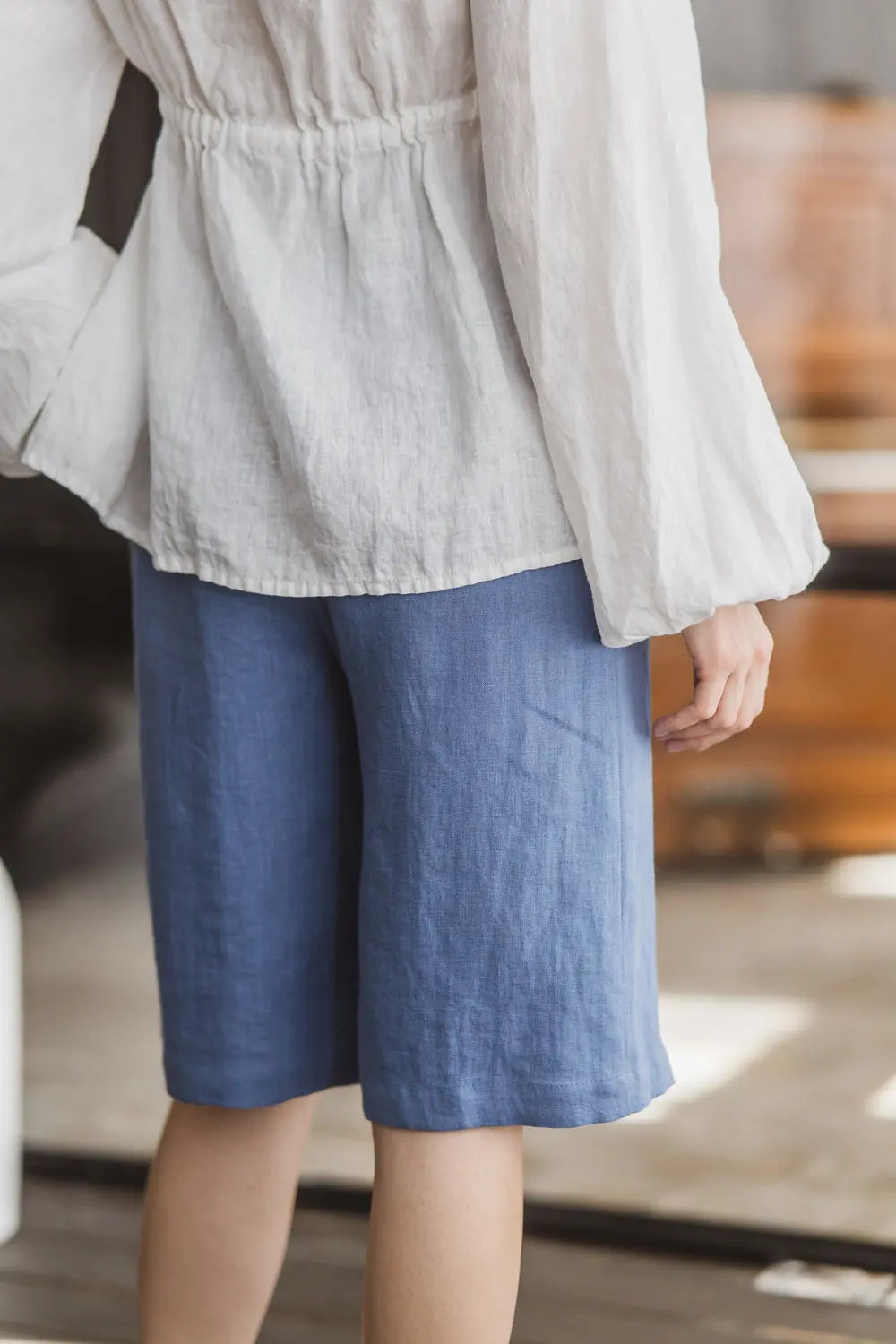 High Waist Linen Bermuda Shorts