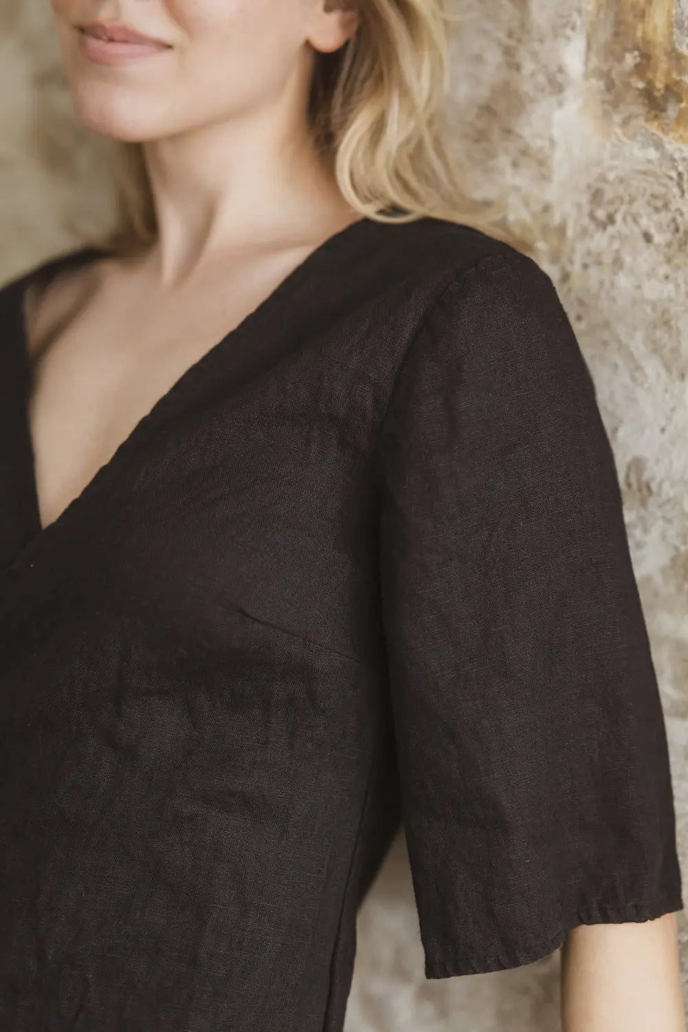 Detailed view of the neckline and shoulder cut of the 130 GSM linen wrap dress